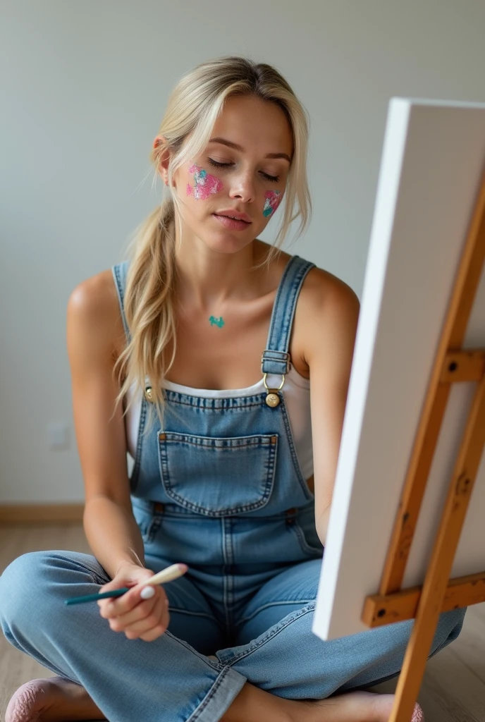 Real photo of lady Creative Painting Session
Outfit: Sleeveless top and denim overalls with one strap undone.
Hair: Low ponytail with a few loose strands framing her face.
Description: A blonde with a perfect body and full lips, sitting cross-legged on the floor, holding a paintbrush in one hand and a canvas in front of her, with small paint smudges on her cheeks and hands for a playful vibe.