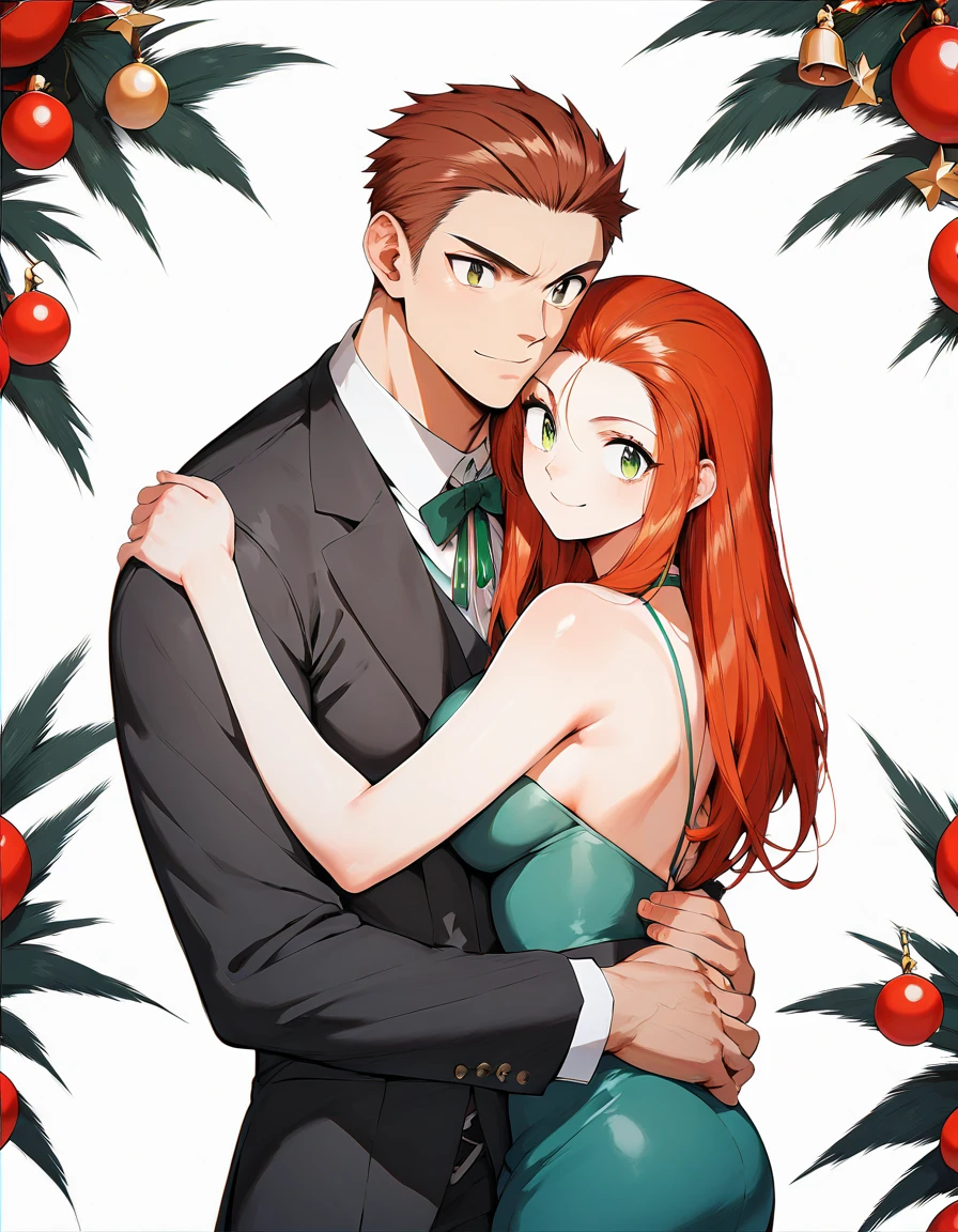 1 man, 30 years old, has short hair, brown hair color, brown eyes, muscular body, athletic body, black suit. 1 30 Year Old Woman Long Hair Redhead Green Eyes Violet Dress Christmas Smiling Hugging Her Boyfriend
