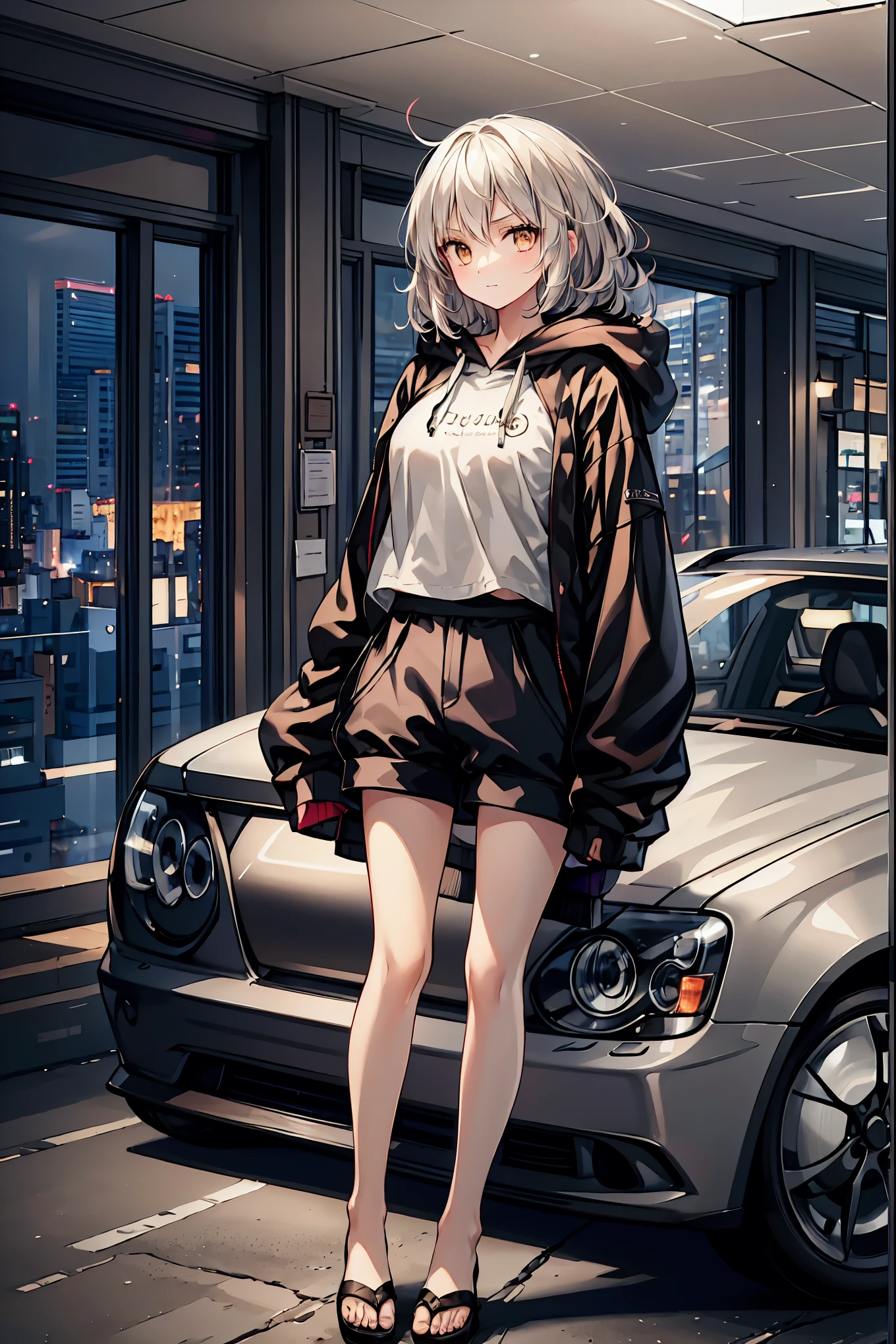 1 person,  medium range shot, THE MOST DETAILED GIRL ,  on your face,  perfect body, woman, 20 years old,  Long Messy White Hair ,  inverted hair,  SHINY PLATINUM BLONDE HAIR,  floating hair in front of car, Giant wild hair ,  smirking , V-shaped eyebrows, Golden Eyes,  medium chest , Light Skin, Larger clothes,  hoodie,  shorts , Sandals, Black clothes, Masterpiece, best Masterpiece,