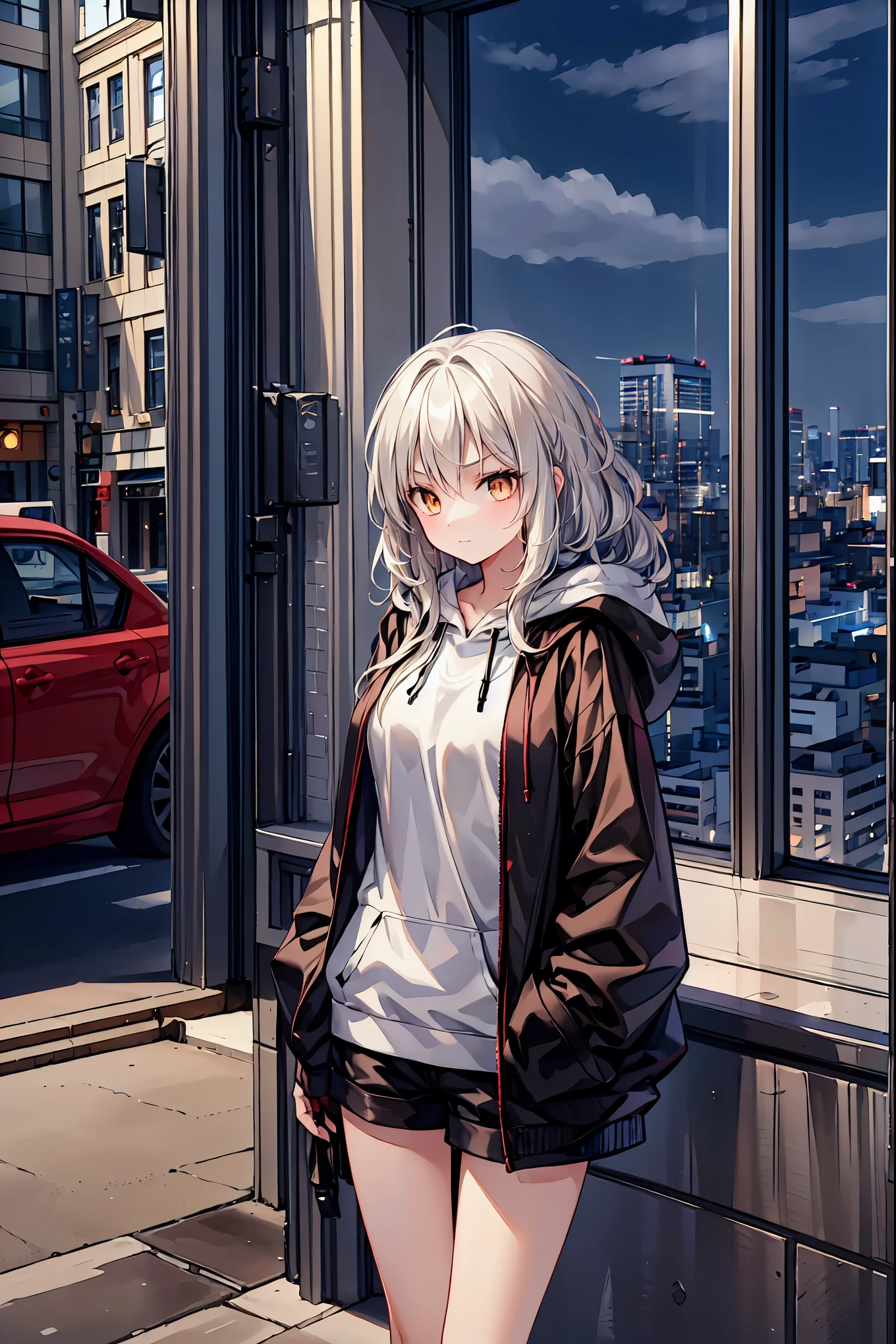 1 person,  medium range shot, THE MOST DETAILED GIRL ,  on your face,  perfect body, woman, 20 years old,  Long Messy White Hair ,  inverted hair,  SHINY PLATINUM BLONDE HAIR,  floating hair in front of car, Giant wild hair ,  smirking , V-shaped eyebrows, Golden Eyes,  medium chest , Light Skin, Larger clothes,  hoodie,  shorts , Sandals, Black clothes, Masterpiece, best Masterpiece,