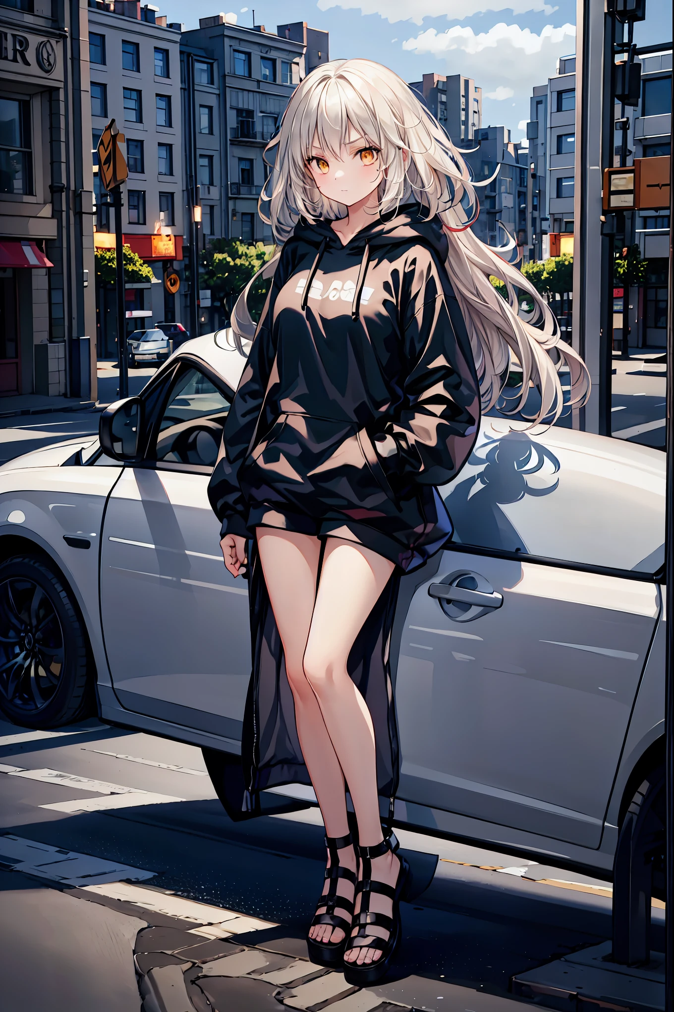 1 person,  medium range shot, THE MOST DETAILED GIRL ,  on your face,  perfect body, woman, 20 years old,  Long Messy White Hair ,  inverted hair,  SHINY PLATINUM BLONDE HAIR,  floating hair in front of car, Giant wild hair ,  smirking , V-shaped eyebrows, Golden Eyes,  medium chest , Light Skin, Larger clothes,  hoodie,  shorts , Sandals, Black clothes, Masterpiece, best Masterpiece,