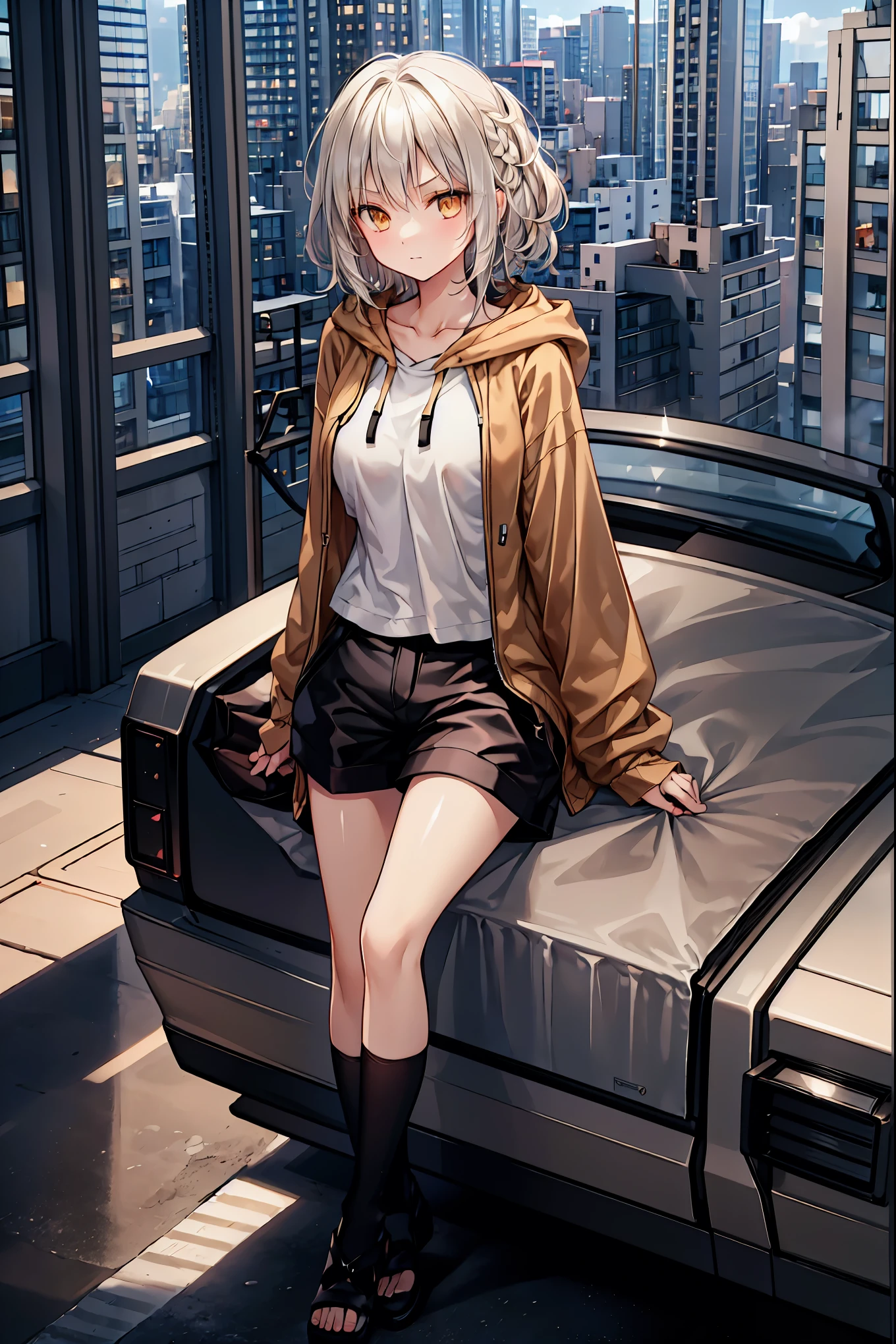 1 person,  medium range shot, THE MOST DETAILED GIRL ,  on your face,  perfect body, woman, 20 years old,  Long Messy White Hair ,  inverted hair,  SHINY PLATINUM BLONDE HAIR,  floating hair in front of car, Giant wild hair ,  smirking , V-shaped eyebrows, Golden Eyes,  medium chest , Light Skin, Larger clothes,  hoodie,  shorts , Sandals, Black clothes, Masterpiece, best Masterpiece,