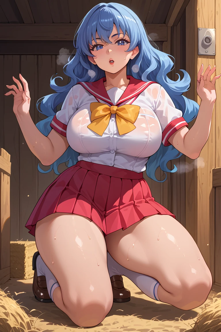 A masterpiece, ultra-detailed, kawai, full body, bow pose, perverted face, perfect face, detailed face, fair skin, detailed eyebrows, perfect nose, perfect black pupils, curvaceous woman with wide hips, big breasts and full hips, accentuated figure, voluptuous body, in front of a farmhouse, wavy hair, woman in a full 'sailor fuku' uniform, with a sailor-style blouse, ribbon tie, pleated skirt and knee-high socks, steamy and sweaty.
