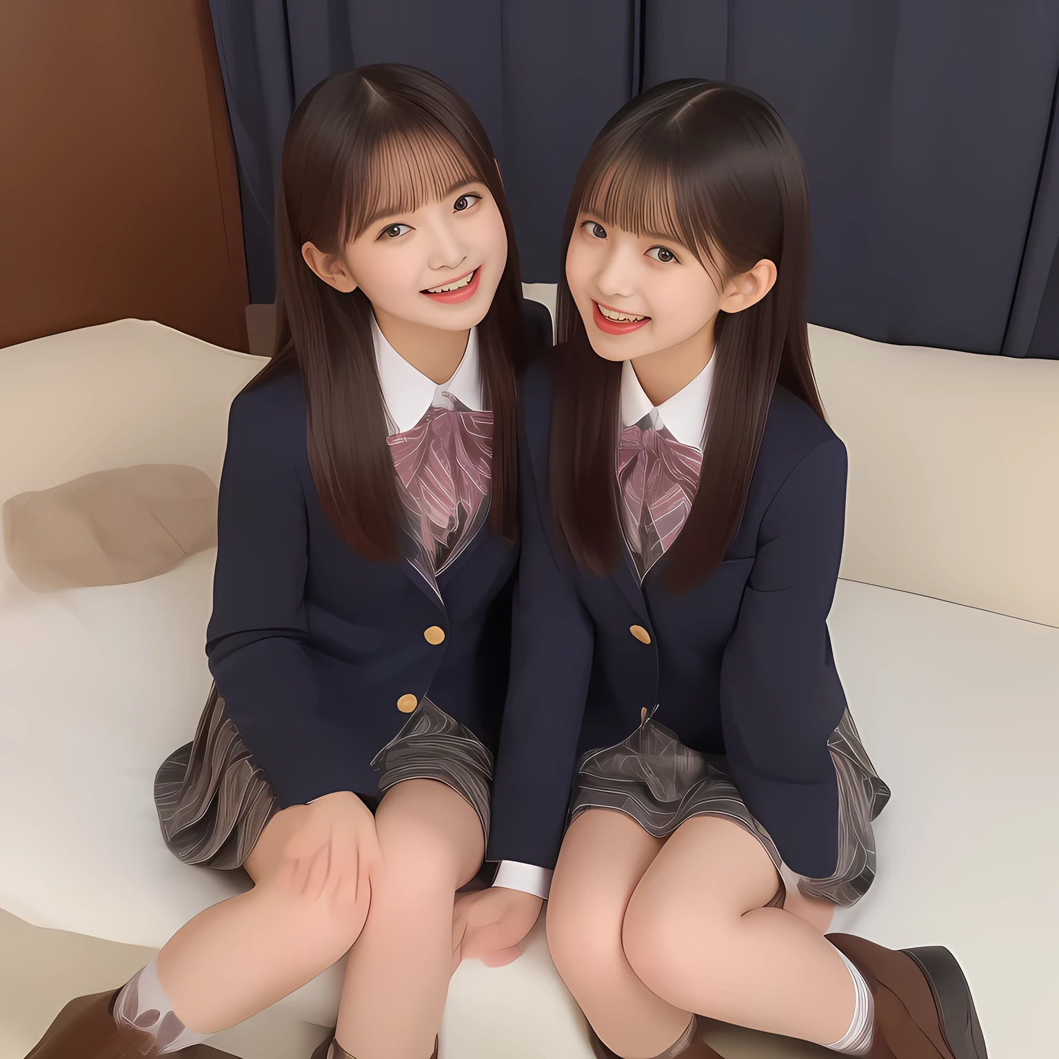 (Highest quality, masterpiece:1.2), Highest quality, High resolution, 1080P, 8k, clearly detailed, (**yo girl's magazine fashion models in 2000s is seated and enjoying: 2.0) (Super-pretty super-beautiful super-bewitching super-cute expensive school-uniform pretty slender **yo-fashion-model in 2000s, too beautiful aristocratic daughter laughing at the viewer, in supreme bliss, bowing and accepts the viewer's every desire: 1.8), (long bottom eye-slashes, long top eye-slashes), (very bewitching beautiful full-open lips: 1.4), (neat gorgeous school uniform of private high school in Japan. dark-blue-school-blazer with gold-emblem, super-neat dark-blue-tartan-checkered knee-length light-sky-blue-pleats-school-skirt under the blazer, super-girly plain-red ribbon on the breast, white socks, brown loafers: 1.5), (bewitching expression, smile, lips, and pose to melt the viewer's mind, everything is planned and prepared to melt the viewer into the allusion of love towards the girl: 1.2), (clearly detailed foreground focusing on girl's beauty and cuteness, gorgeous blue girly bed background of full-of-girls girly-heaven: 1.2), (sky-blue checkered school skirt), (several golden heart-figured cute accessories)