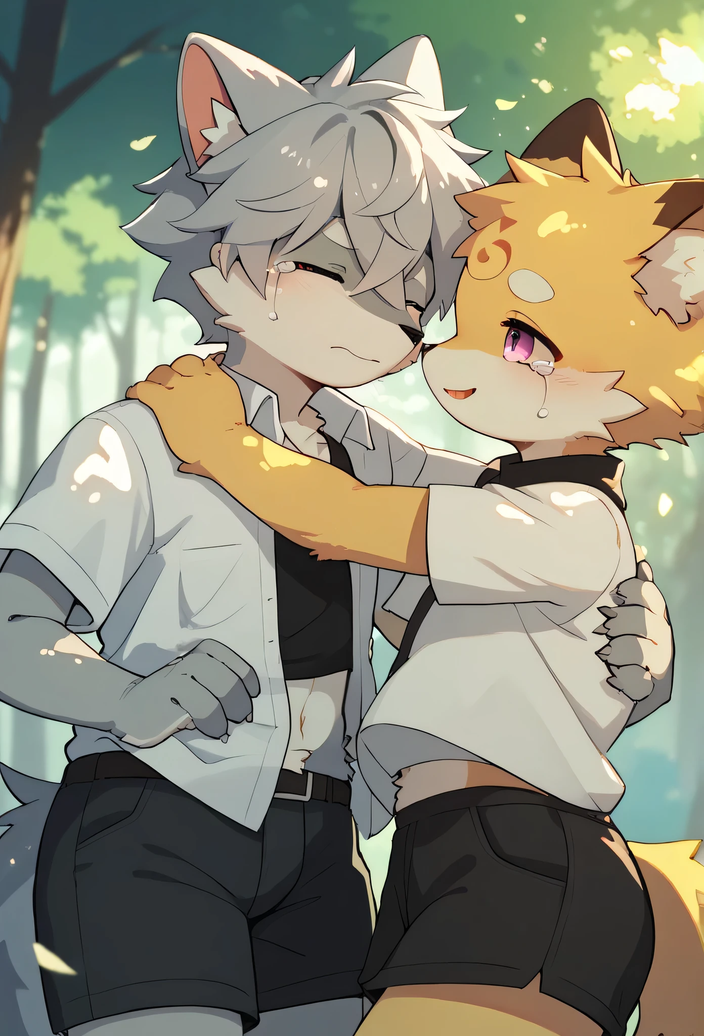 kemoshota, naked harness, 2 boys, full body harness, chest harness, snow, dynamic angle, albino white tiger boy and albino cream white lion boy, tiger body features, lion body features, heavy breath, naivety, innocent, collar, sweat, sweat drops, short statue, short height cub boys, baby boys, kiss, deep kiss