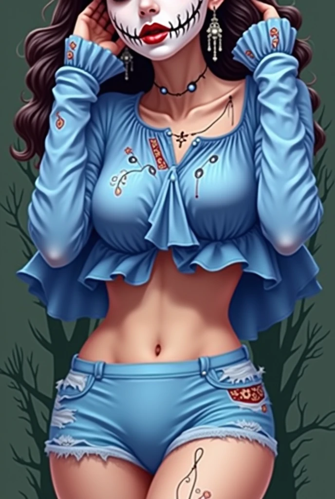 (Obra de arte, melhor qualidade, high resolution), ele cultivou quatro (oshi no ko), cyan cardigan, Sweater, escuro_verde_camisa,mini-saia, standing, abra roupas abertas, Sozinho,