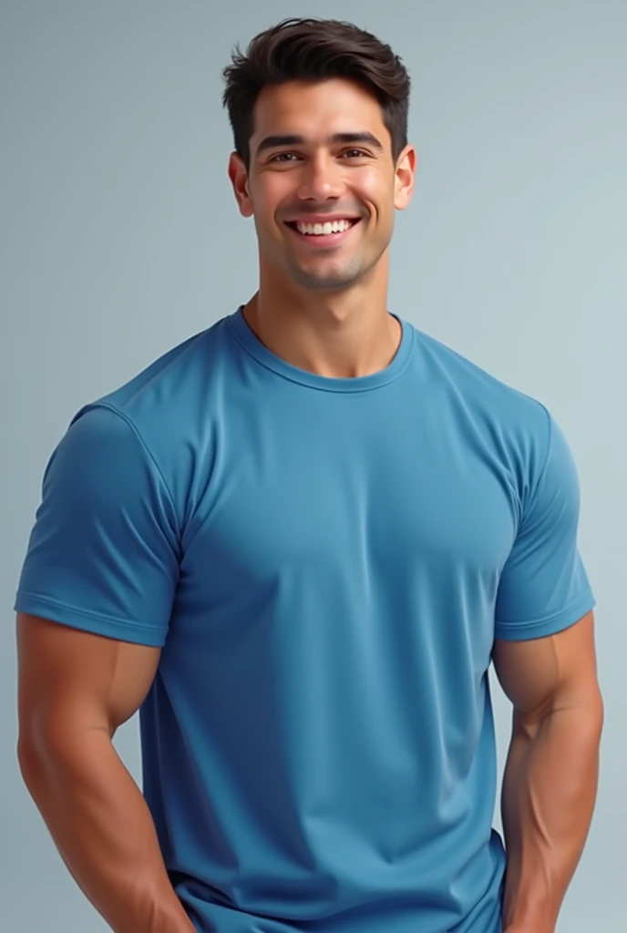 Thai man ,man ,(Blue T-shirt:1.5) ,Jeans ,He is about 30 years old..,Rough and handsome appearance,large breastsj,Big waistline,buzz cut, angry, sullen, best quality, Masterpiece,(Have muscles:4.5),(best quality,high resolution,Masterpiece:1.2),The eyes are natural and delicate..,1 person,alone,gay asian,muscle,Long legs,brave,short hair details,conjunctivitis ,strong,brown eyes, (standing in the kitchen:1.5),in the market,sit ,smile