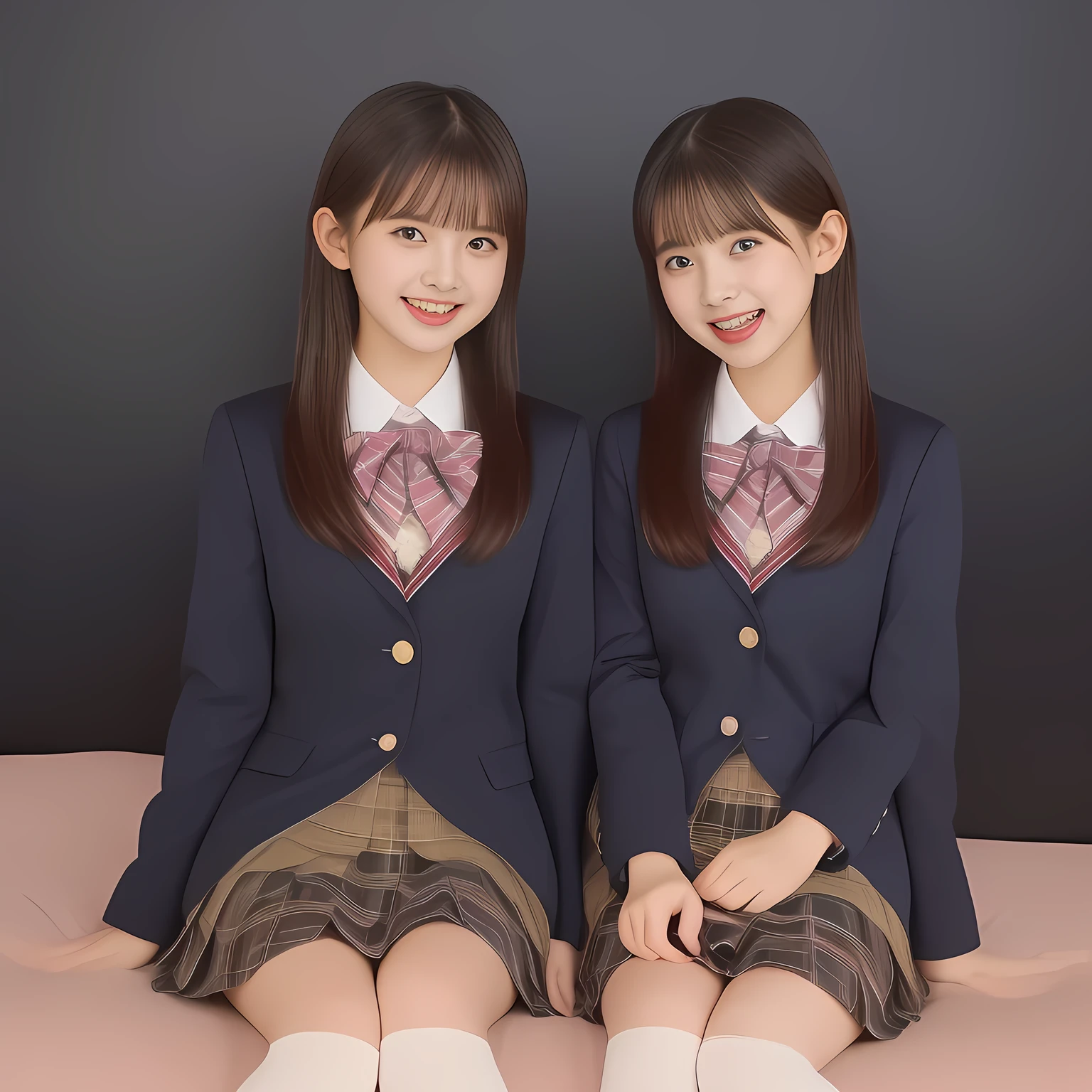 (Highest quality, masterpiece:1.2), Highest quality, High resolution, 1080P, 8k, clearly detailed, (**yo girl's magazine fashion models in 2000s is seated and enjoying: 2.0) (Super-pretty super-beautiful super-bewitching super-cute expensive school-uniform pretty slender **yo-fashion-model in 2000s, too beautiful aristocratic daughter laughing at the viewer, in supreme bliss, bowing and accepts the viewer's every desire: 1.8), (long bottom eye-slashes, long top eye-slashes), (very bewitching beautiful full-open lips: 1.4), (neat gorgeous school uniform of private high school in Japan. dark-blue-school-blazer with gold-emblem, super-neat dark-blue-tartan-checkered knee-length light-sky-blue-pleats-school-skirt under the blazer, super-girly plain-red ribbon on the breast, white socks, brown loafers: 1.5), (bewitching expression, smile, lips, and pose to melt the viewer's mind, everything is planned and prepared to melt the viewer into the allusion of love towards the girl: 1.2), (clearly detailed foreground focusing on girl's beauty and cuteness, gorgeous blue girly bed background of full-of-girls girly-heaven: 1.2), (sky-blue checkered school skirt), (several golden heart-figured cute accessories)