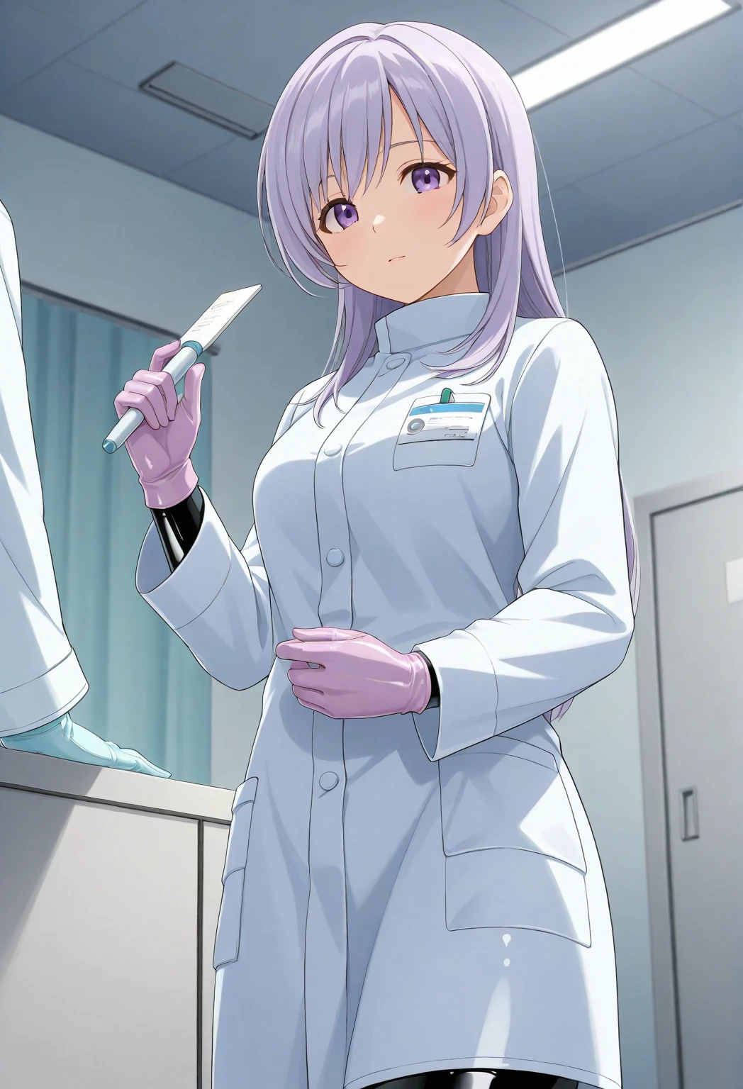 1 girl, anime, ((female doctor)), doctor outfit, ((light purple gloves)), ((surgical gloves)), ((latex gloves)), other clothing is not made of latex, ((long Sleeve)), is standing, alone