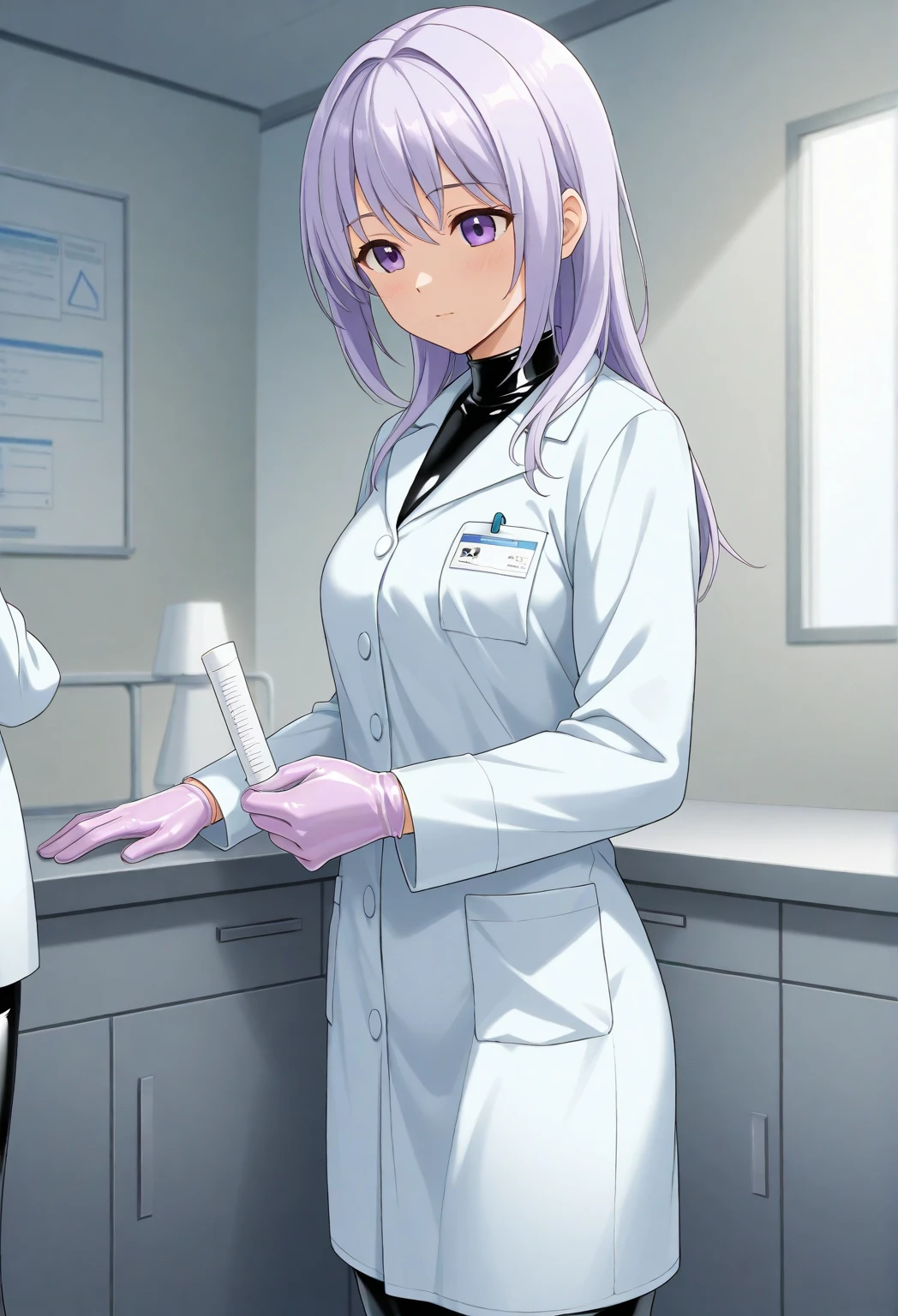 1 girl, anime, ((female doctor)), doctor outfit, ((light purple gloves)), ((surgical gloves)), ((latex gloves)), other clothing is not made of latex, ((long Sleeve)), is standing, alone