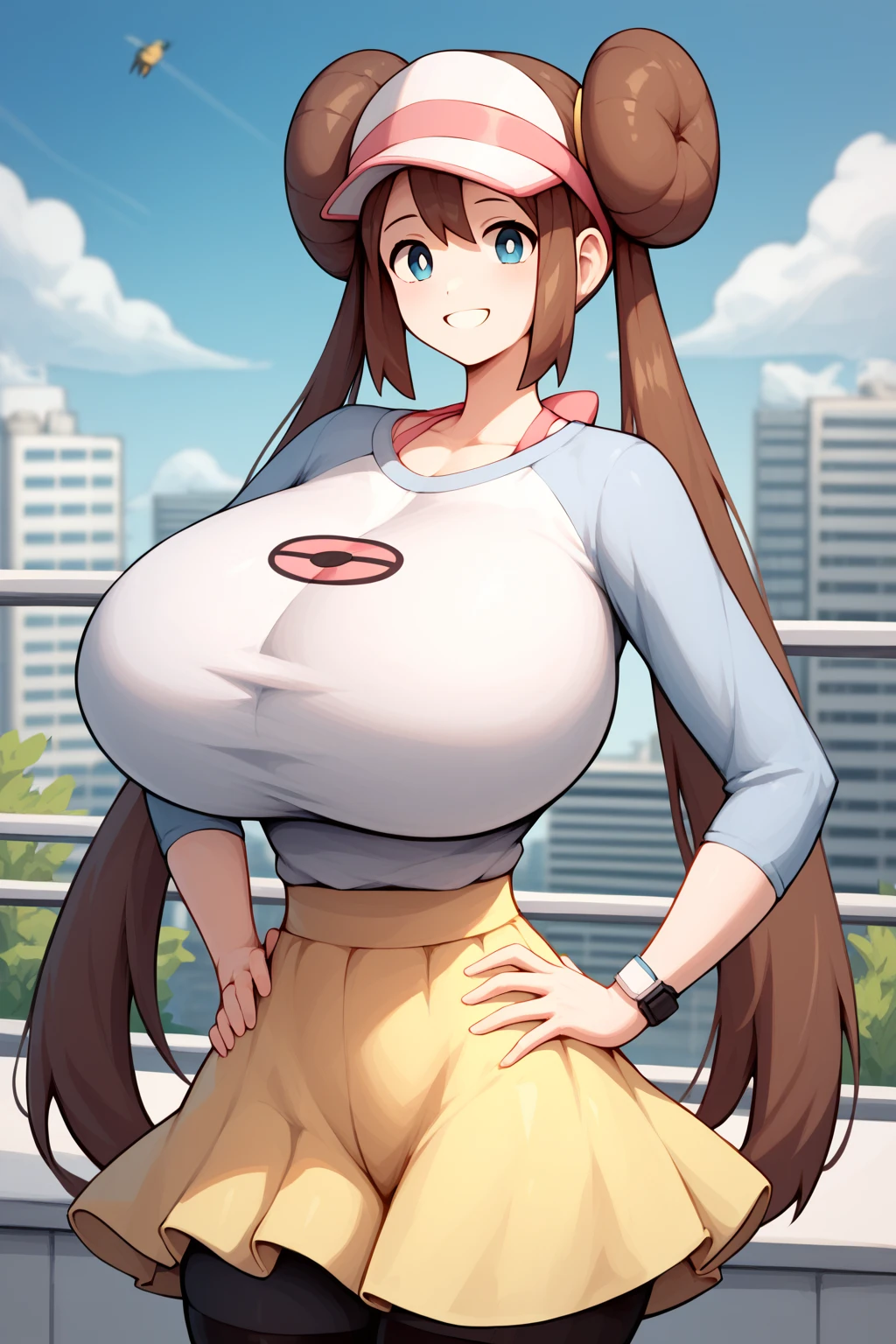 Rosa from Pokemon, City Background, Hair Buns, Pig Tails, White Shirt, Light Blue Sleeves, Yellow Skirt, Short Skirt, Trainer Hat, Black Thigh Highs, Hands on Hips, Huge Breasts, Huge Breasts, Massive Breasts, Wide Hips, Thin Waist, Very Thin Waist, Wasp Waist, Solo, Aerial View, Smiling, (cartoon-style bold line work:1.2), vibrant colors, cel shading, Simplistic Art Style, looking at viewer, solo