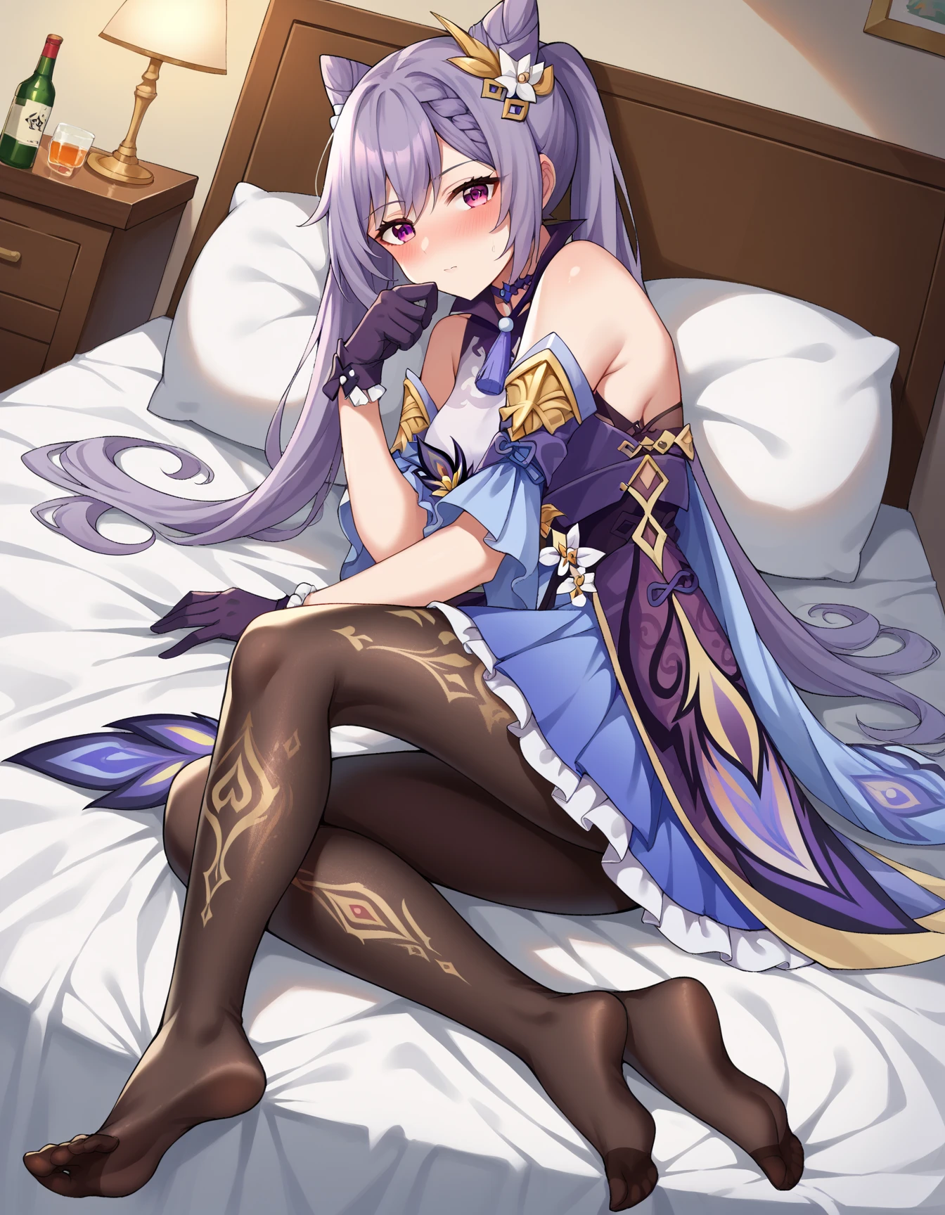 Full body art, full body,score_9, score_8_up, score_7_up, source_anime,
keqing, keqing, braid, cone hair bun, hair bun, hair ornament, long hair, purple eyes, purple hair,
bare shoulders, black pantyhose, detached sleeves, dress, gloves,
indoors, bed, bed room, on side, blush, drunk,
looking at viewer, cowboy shot, dutch angle,