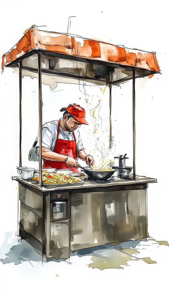 a photograph of a man in red apron and a white cap frying noodles in his food stall, roofed food stall, white background