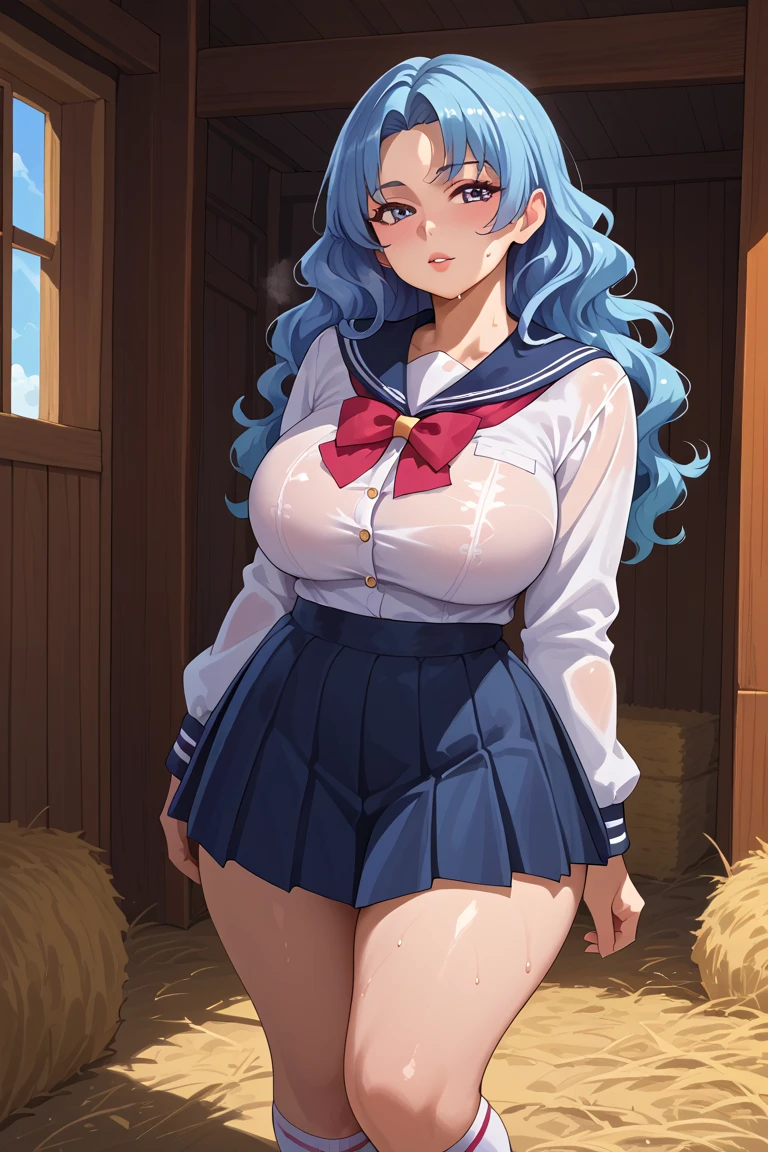 A masterpiece, ultra-detailed, kawai, full body, leaning to one side, looking forward, perverted face, perfect face, detailed face, fair skin, detailed eyebrows, perfect nose, perfect black pupils, curvaceous woman with wide hips, big breasts and full hips, accentuated figure, voluptuous body, in front of a farmhouse, wavy hair, woman in a full 'sailor fuku' uniform, with a sailor-style blouse, ribbon tie, pleated skirt and knee-high socks, steamy and sweaty.
