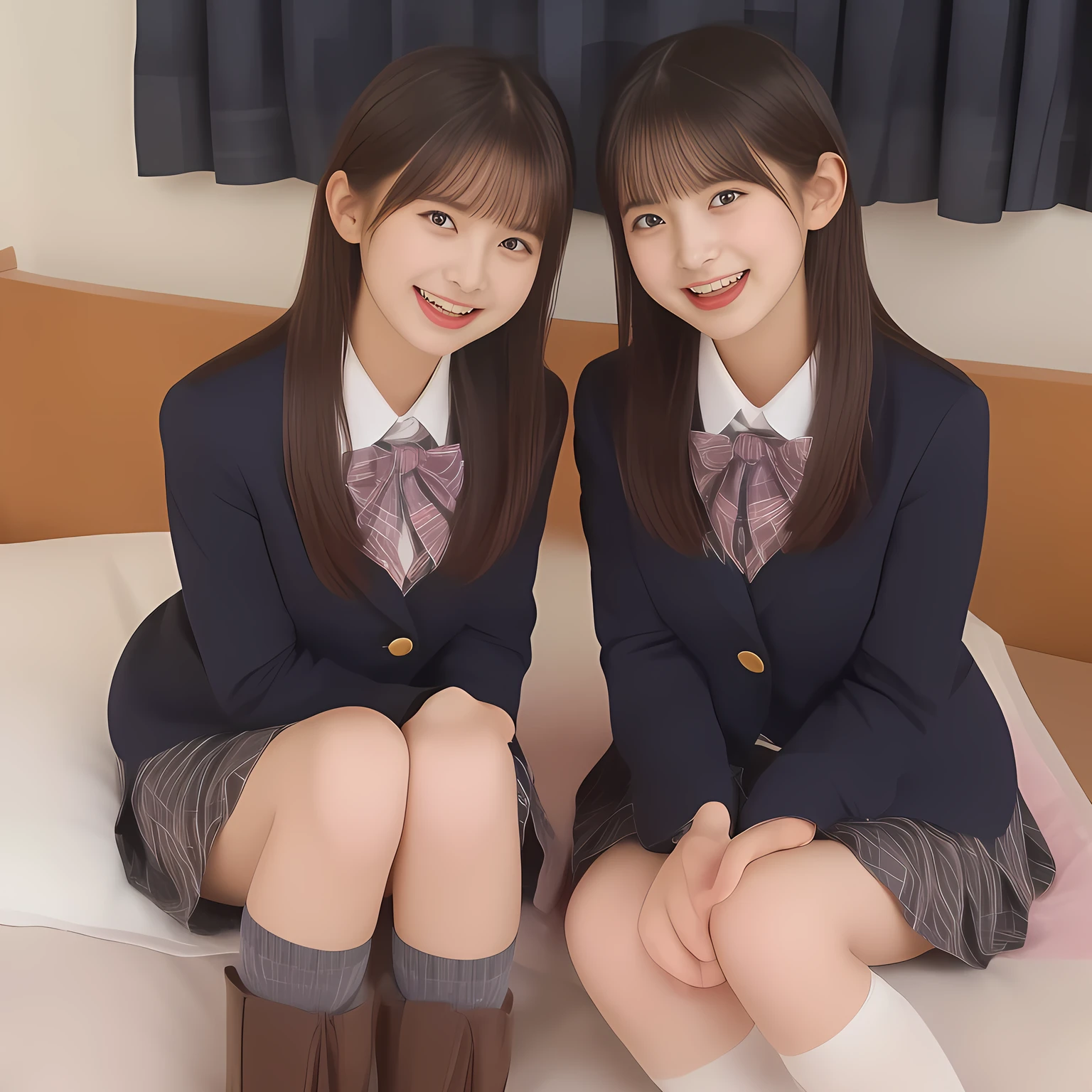 (Highest quality, masterpiece:1.2), Highest quality, High resolution, 1080P, 8k, clearly detailed, (**yo girl's magazine fashion models in 2000s is seated and enjoying: 2.0) (Super-pretty super-beautiful super-bewitching super-cute expensive school-uniform pretty slender **yo-fashion-model in 2000s, too beautiful aristocratic daughter laughing at the viewer, in supreme bliss, bowing and accepts the viewer's every desire: 1.8), (long bottom eye-slashes, long top eye-slashes), (very bewitching beautiful full-open lips: 1.4), (neat gorgeous school uniform of private high school in Japan. dark-blue-school-blazer with gold-emblem, super-neat dark-blue-tartan-checkered knee-length light-sky-blue-pleats-school-skirt under the blazer, super-girly plain-red ribbon on the breast, white socks, brown loafers: 1.5), (bewitching expression, smile, lips, and pose to melt the viewer's mind, everything is planned and prepared to melt the viewer into the allusion of love towards the girl: 1.2), (clearly detailed foreground focusing on girl's beauty and cuteness, gorgeous blue girly bed background of full-of-girls girly-heaven: 1.2), (sky-blue checkered school skirt), (several golden heart-figured cute accessories)