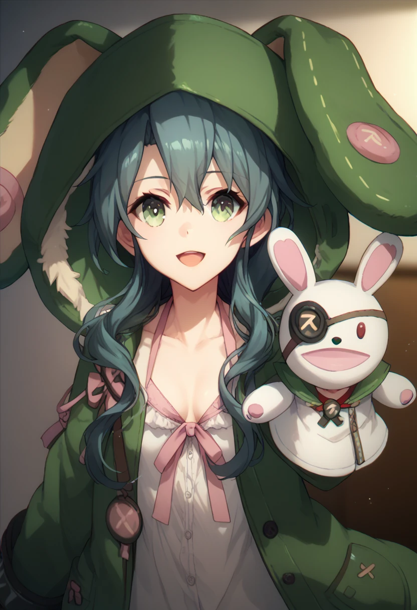 1girl,solo, zuikaku (kancolle),hood,animal hood,looking at viewer,hat,animal ears,stuffed toy,puppet,hand puppet,coat,open mouth, small breasts, smile