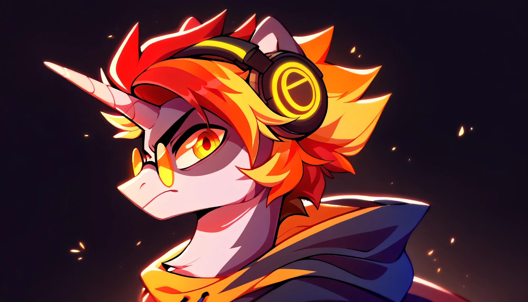 a serious alicorn unicorn , inspired by My Little Pony ,  with white fur and a gamer look .  He wears a yellow sweatshirt with an orange hood .  He wears small yellow and dark orange glasses .  His hair flows in a wavy pattern ,  mixing light shades of yellow and orange .  He has his back to the frame ,  using gaming headphones with yellow neon lights ,  while looking at the screen with a slightly pampered expression.  The stage is a playroom ,  and has yellow and dark orange eyes . His full body is shown.
