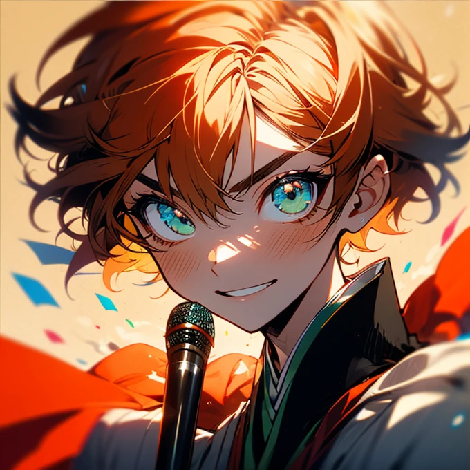 The shape of the eyebrows is a round eyebrow，The boy from Marobi ， singing enthusiastically with a microphone， wearing kimono  costume ， wears a  costume from the Heian period based on orange and green，Strong Boy ，Boy with white arms ， cheeky expression ， cute，Fair skin， rosy cheeks ，Soft Cheeks， glossy lips ，Orange hair color， short hair ， green eyes， big eyes，Slanted Eyes， singing enthusiastically with a microphone， moving，Shiny Hair， Smooth skin ， High Quality ， One Boy ， short