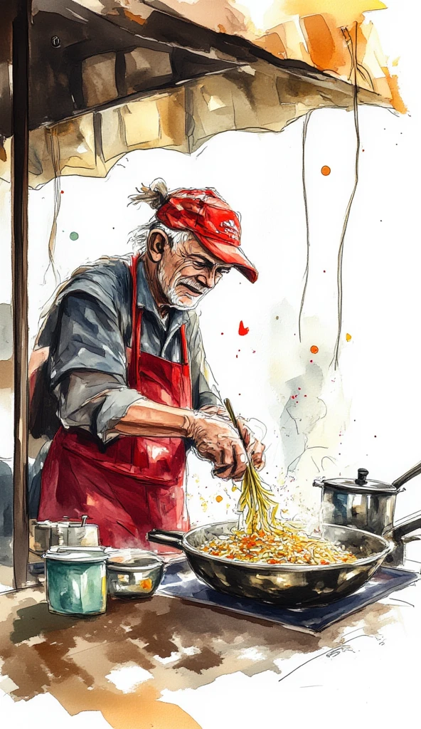 a photograph of an old man in red apron and a white cap frying noodles in his food stall, roofed food stall, white background