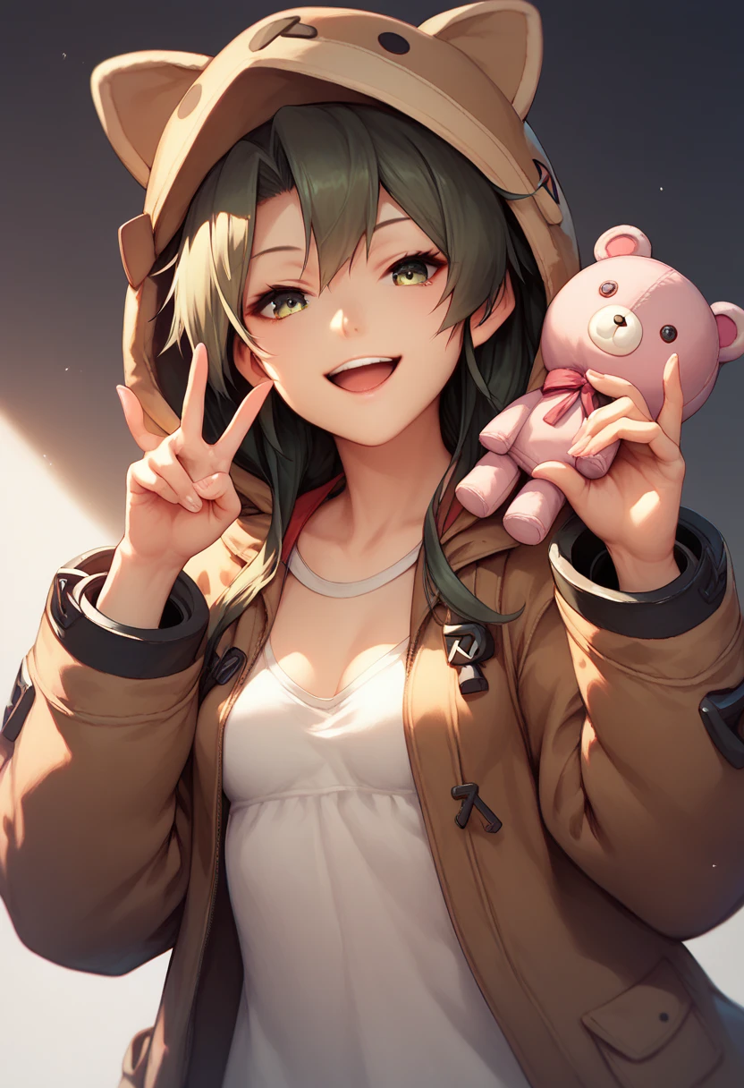 1girl,solo, zuikaku (kancolle),hood,animal hood,looking at viewer,hat,animal ears,stuffed toy,puppet,hand puppet,coat,open mouth, small breasts, smile