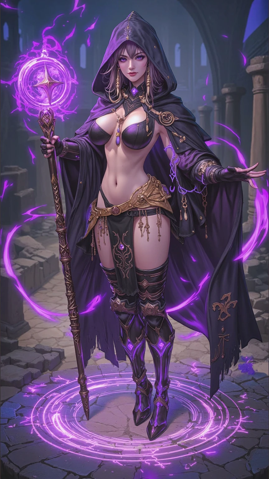 (masterpiece), (best quality:1.4), (perfect anatomy:1.4), high quality, expressive eyes, full body, detailed face, beautiful face, perfect face, {1 girl}, In her human form, Danua possesses an aura of mystery and quiet strength. She stands at a moderate height, around 5 feet 8 inches tall, with a slender yet athletic build that speaks of both grace and resilience. Her complexion is a rich, dark hue, reminiscent of polished mahogany, lending her an air of exotic beauty that sets her apart in any crowd. Danua's features are striking yet enigmatic, with high cheekbones, a sculpted jawline, and full lips that often curve into a thoughtful expression. Her eyes, a deep emerald green, hold a glint of intelligence and intensity, hinting at the depths of wisdom and experience hidden within. Cascading waves of black hair frame her face, falling in loose curls that dance with every movement, adding to her ethereal allure. She often keeps her hair partially concealed beneath a hooded cloak, adding to her mysterious aura. In her attire, Danua favors garments that blend functionality with elegance, often opting for dark colors and flowing fabrics that allow for of movement. She may be seen wearing a long, flowing cloak that billows behind her like a shadowy veil, adding to her air of mystique., dynamic lighting, 4k resolution, dynamic pose, gothic background, steampunk_costume, hat, curvy, gothicpunkai, jim lee, dark skin, dark skinned female, black hair, ((pants)), belts, dark cloak,