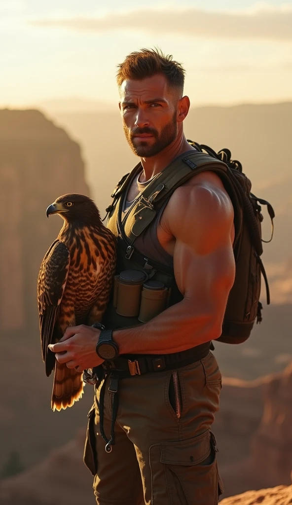 A handsome slim shirtless white skinned man in the desert with a falcon and two leopards beside him
