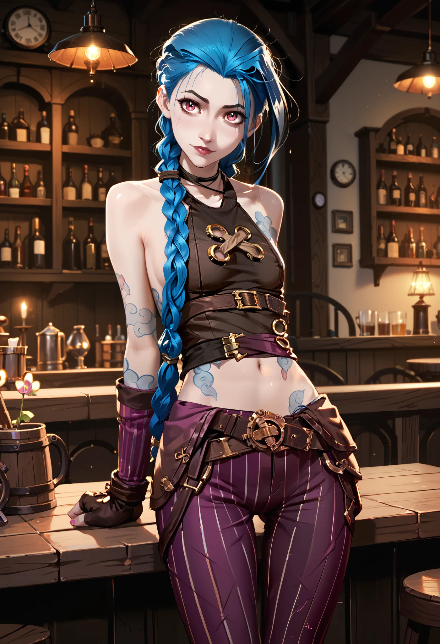 1girl, jinx, solo, blue hair, long hair, long braids, violet eyes, small breasts, slim figure, brown top, bare shoulders, bare belly, brown armguards, brown fingerless gloves, ragged pants, steampunk boots, mocking expression, bright colors, beautiful colors, tavern, violet theme, masterpiece, best quality, good quality, newest, ultra quality, high detailed