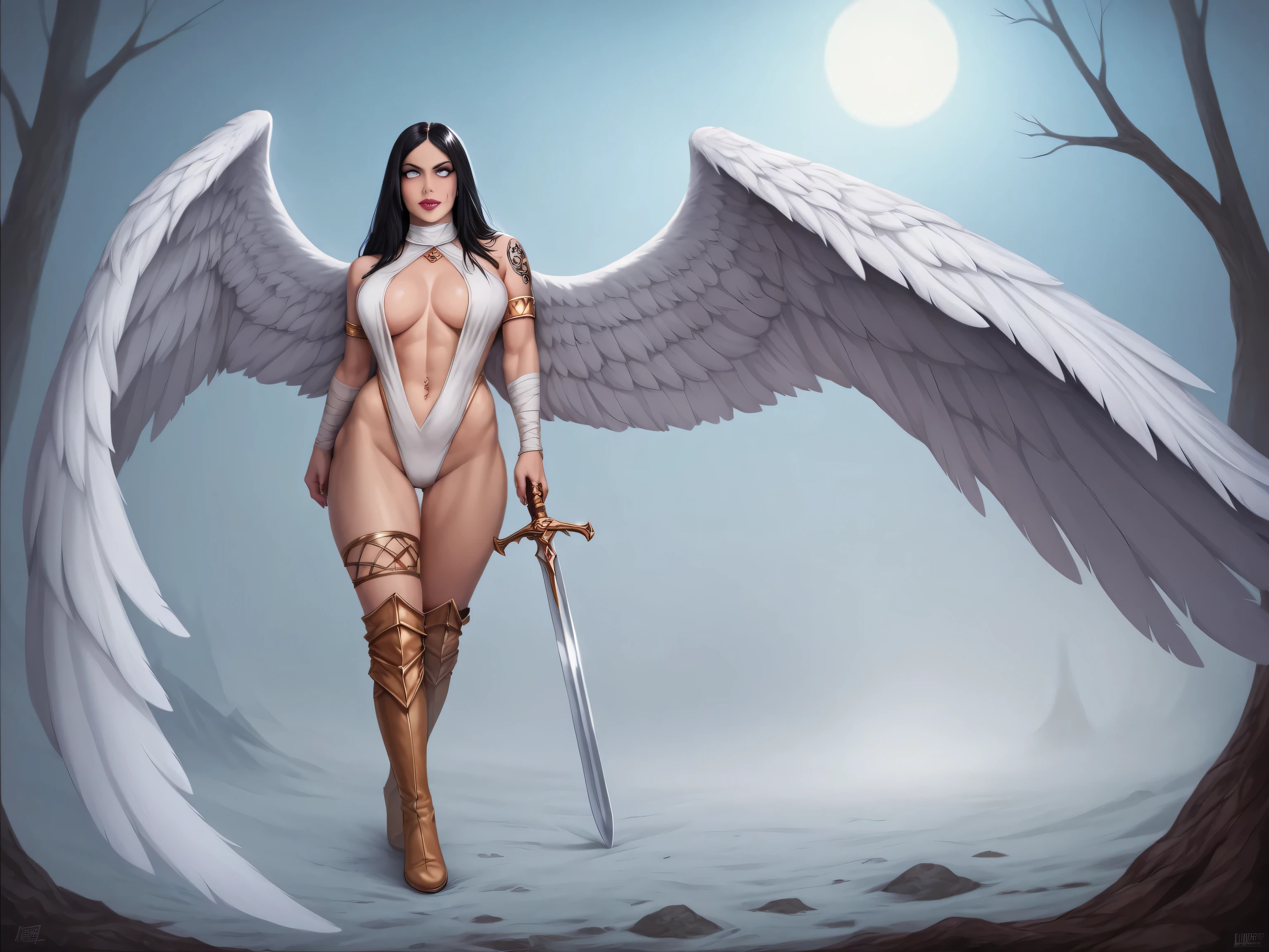 (Realistic picture, highest resolution, 16k), ((She has 12 wings on her back.:1.5), (12 white wings:1.5), (Left wing 6 wings:1.5), (Right wing 6 wings:1.5)), (Beautiful girl with two meter long hair, striking long hair, Beauty that comes from long hair, long black hair), (Smooth white skin, Smooth white skin, Smooth white skin), (Lips are very red.,), ((stand, that is finished)), (Massive breast, Plump breasts, Massive breast, The breasts are soft and fluffy., Plump breastsอิ่ม, A gigantic rift, eye-catching breasts), (thin body, flat stomach, small waist, hips raised, small thighs, Long legs), (dynamic post), (Women who are 172 centimeters tall, perfect proportions, Anatomically correct, proportional anatomy), (full body, เหhandนfull body, See the whole body., Visible in every part of the body), (Porn, naked, exposed body, not wearing clothes, naked, naked, not wearing underwear, Hot striptease, see pussy, see tits, Look at that pussy., Look at the tits.), (scene, darkness, in the dark, deep shadow, dynamic light, art station, poster for, Volumetric illumination, Extraordinarily detailed face), (Float in the air), (((powerful wings, Powerful 12 wings, gigantic wings))), ถ่ายภาพเหhandนจริง, (background, hand, at night, back light from behind)