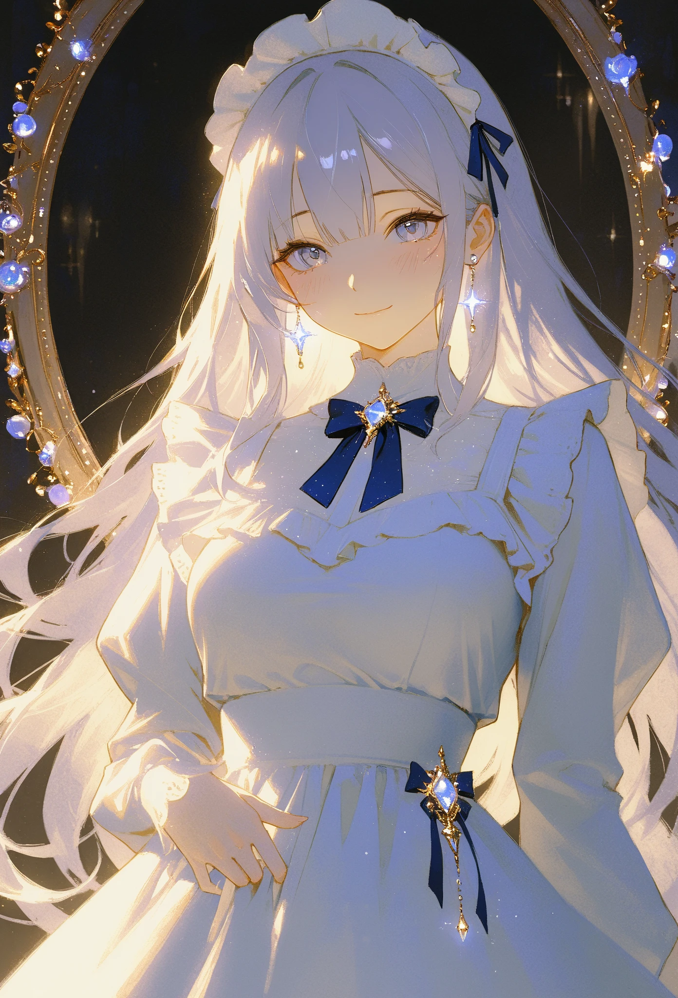 (masterpiece, best quality, high resolution, 8k, detailed),(masterpiece, best quality, high resolution, 8k, detailed), A cheerful young girl with light lavender hair styled in straight bangs, wearing a blue and white maid outfit. She has a soft smile and is making a peace sign with her fingers close to her face, exuding a playful and endearing energy. Her large, gentle eyes have a hint of sparkle, with a light blush on her cheeks. A heart-shaped decoration floats beside her, adding to the lighthearted, warm atmosphere. The colors are soft and muted, with a painterly style that brings out a sense of nostalgia and charm