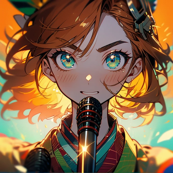  has microphone，The shape of the eyebrows is a round eyebrow，The boy from Marobi ， singing enthusiastically with a microphone， wearing kimono  costume ， wears a  costume from the Heian period based on orange and green，Strong Boy ，Boy with white arms ， cheeky expression ， cute，Fair skin， rosy cheeks ，Soft Cheeks， glossy lips ，Orange hair color， short hair ， green eyes， big eyes，Slanted Eyes， singing enthusiastically with a microphone， moving，Shiny Hair， Smooth skin ， High Quality ， One Boy ， short