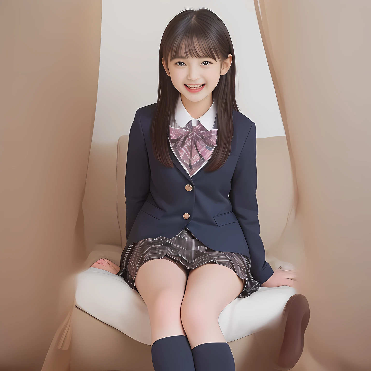 (Highest quality, masterpiece:1.2), Highest quality, High resolution, 1080P, 8k, clearly detailed, (yo beautiful-girl idol in 2000s is seated and enjoying: 2.0) (Super-pretty super-beautiful super-bewitching super-cute expensive school-uniform pretty slender 13 beautiful-girl idol in 2000s, too beautiful aristocratic daughter laughing at the viewer, in supreme bliss, bowing and accepts the viewer's every desire: 1.8), (long bottom eye-slashes, long top eye-slashes), (very bewitching beautiful full-open lips: 1.4), (neat gorgeous school uniform of private high school in Japan. dark-blue-school-blazer with gold-emblem, super-neat dark-blue-tartan-checkered knee-length light-sky-blue-pleats-school-skirt under the blazer, super-girly plain-red ribbon on the breast, white socks, brown loafers: 1.5), (bewitching expression, smile, lips, and pose to melt the viewer's mind, everything is planned and prepared to melt the viewer into the allusion of love towards the girl: 1.2), (clearly detailed foreground focusing on girl's beauty and cuteness, gorgeous blue girly bed background of full-of-girls girly-heaven: 1.2), (sky-blue checkered school skirt), (several golden heart-figured cute accessories)