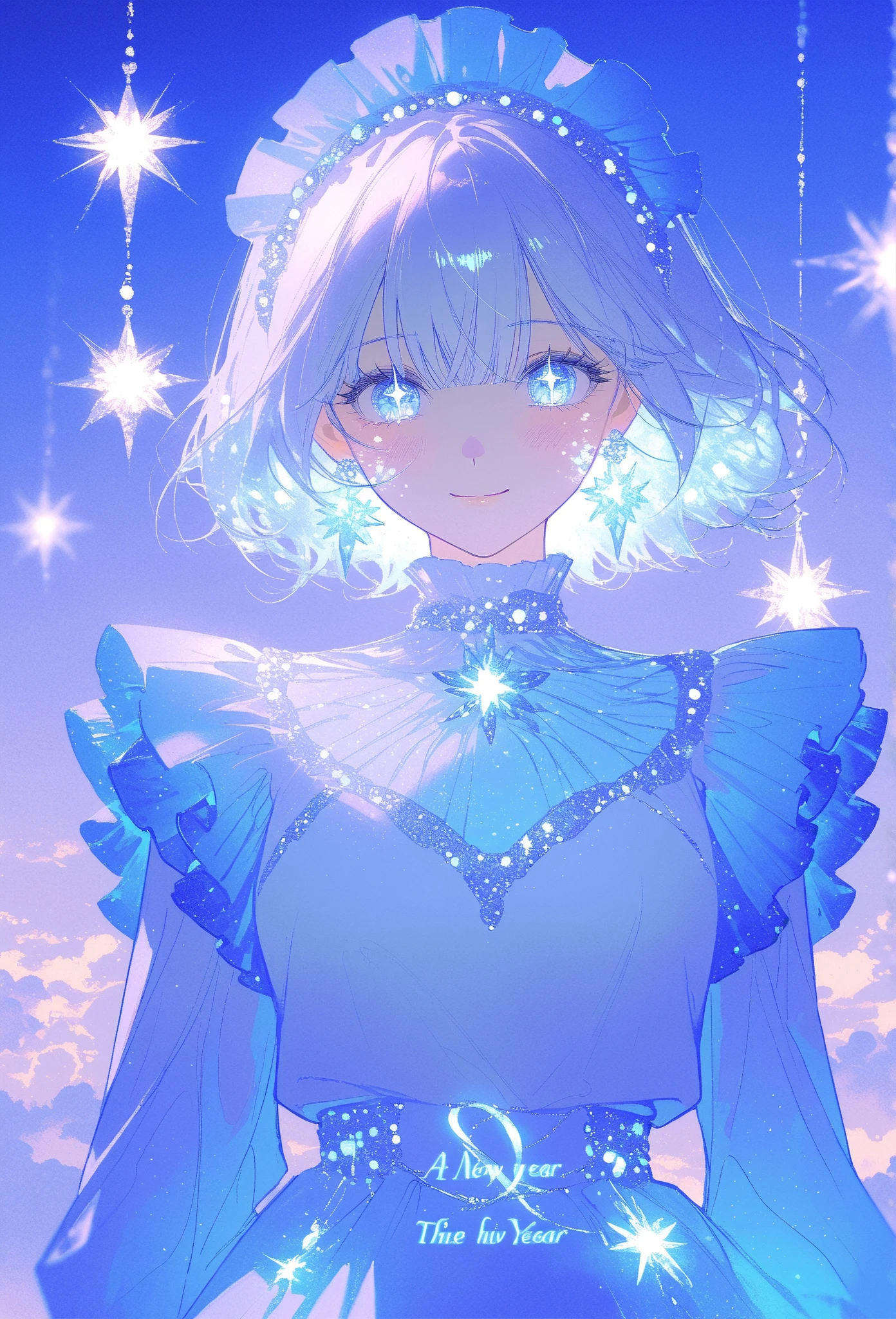 A masterpiece 8k illustration of a cheerful young girl with light lavender hair styled in straight bangs, wearing a soft blue and white maid outfit. She has a playful and endearing energy, making a peace sign close to her face while smiling warmly. Her large, sparkling eyes reflect hope and joy for the new year, with a light blush on her cheeks adding to her charm. A transparent heart-shaped decoration floats beside her, glowing faintly like crystal. In the background, a coiling snake with shimmering golden scales (representing the zodiac) gracefully weaves through soft pastel clouds. The scene is bathed in soft golden light cascading like a waterfall, symbolizing renewal and celebration. A glowing neon sign reads "Happy New Year 2025!" blending nostalgia with festivity.