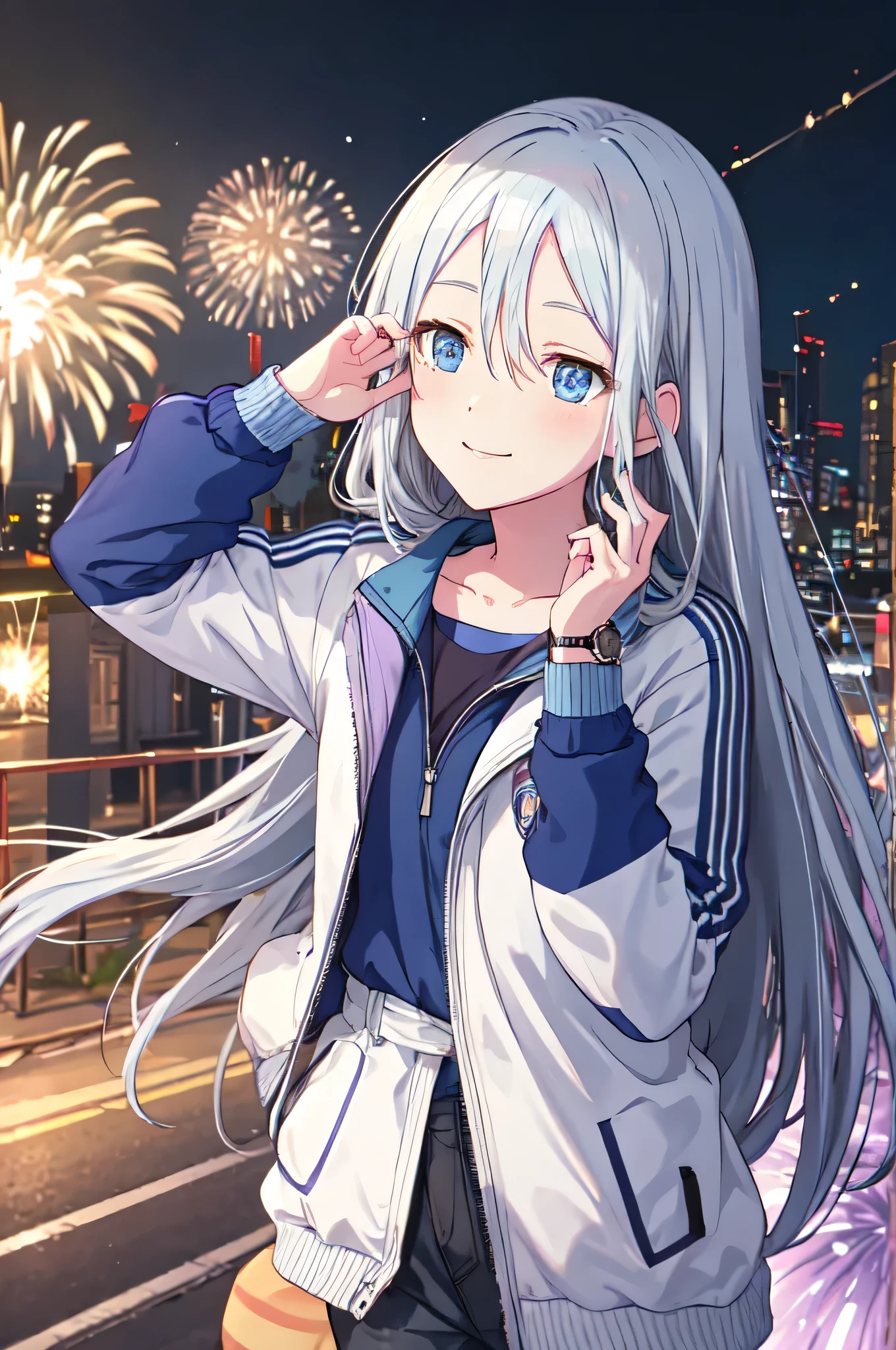 Kanade 3rd, ,  blue jacket, Purple T-shirt, blush, smile、Watch the fireworks、Look up at the fireworks