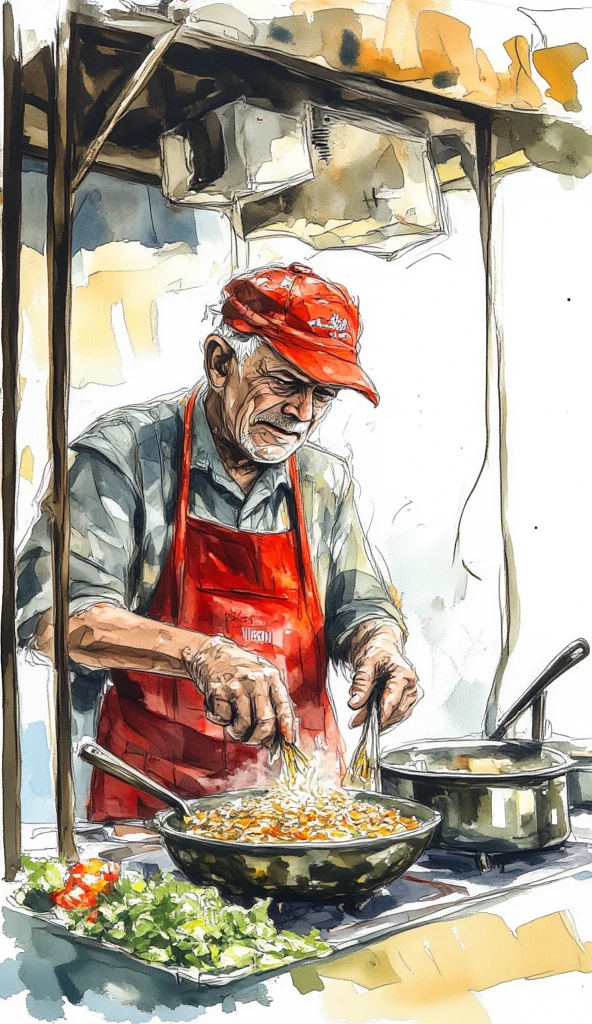 a photograph of an old asian man in red apron and a white cap frying noodles in his food stall, roofed food stall, white background