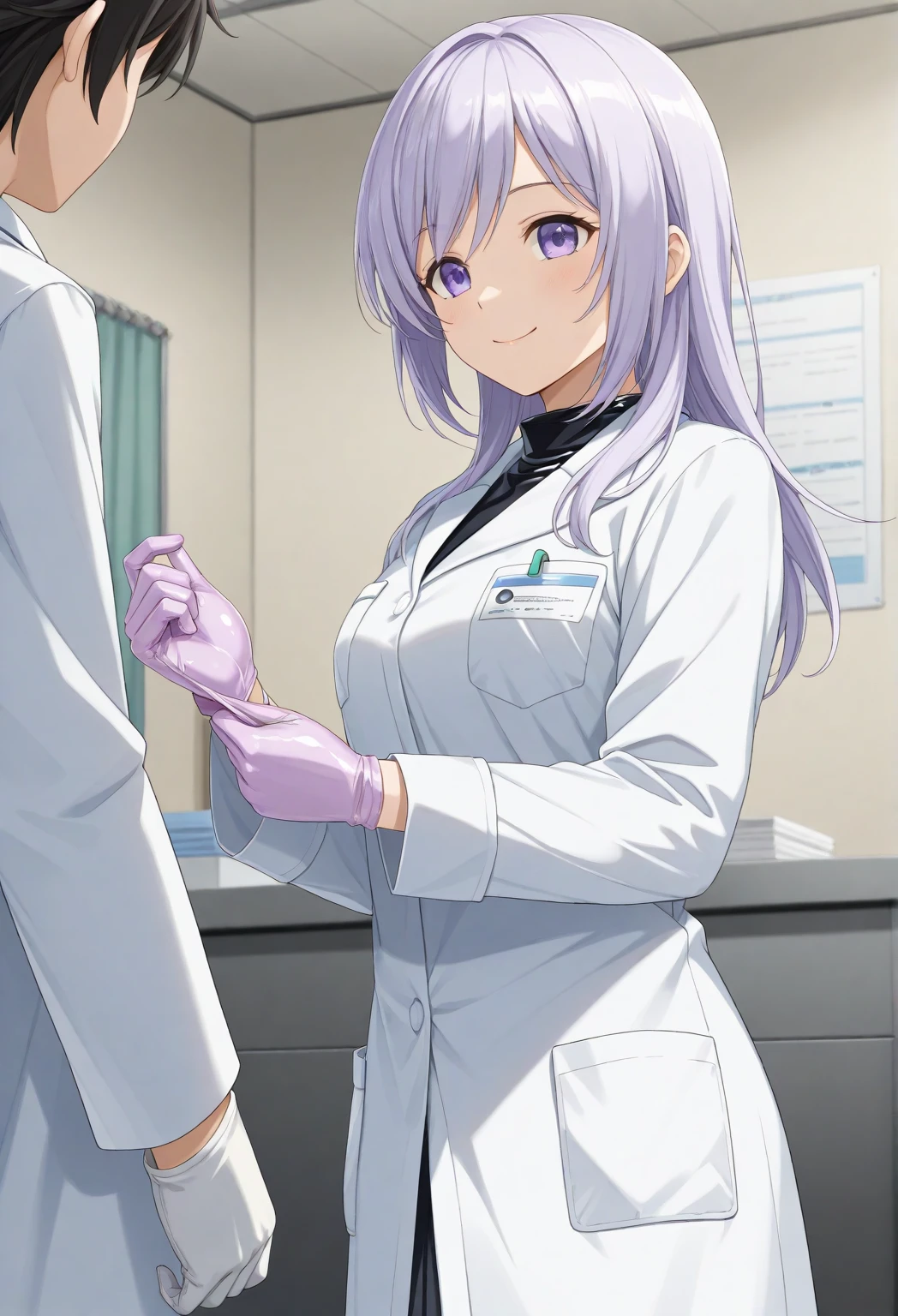  1 girl, anime, smiling, (( female doctor)), Doctor Clothes , [operating], ((light purple gloves)), (( Surgical Gloves)), (( latex gloves )), [adjusting gloves],  other clothing is not made of latex, (( Long Sleeve )),  is standing, Alone