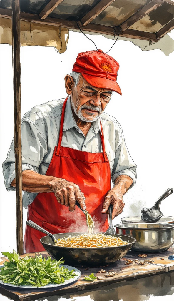 a photograph of an old asian man in red apron and a white cap frying noodles in his food stall, roofed food stall, white background