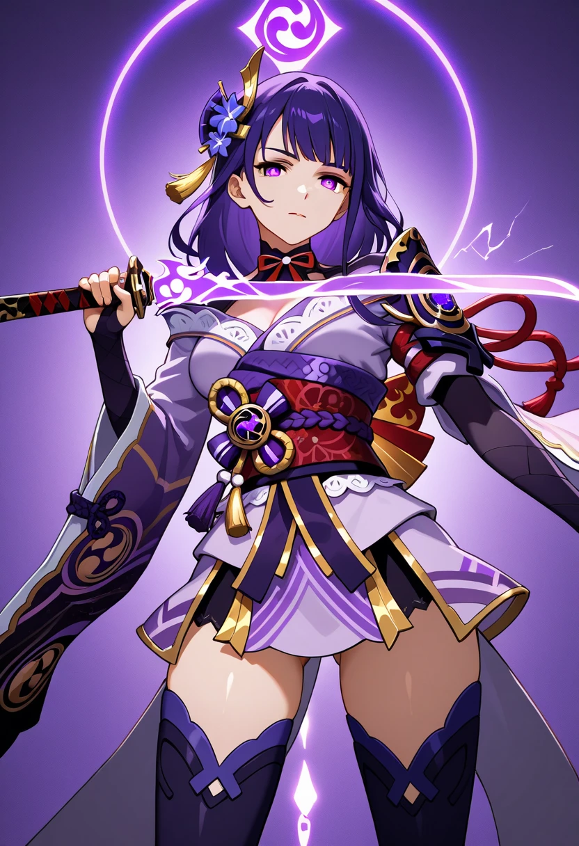 From below, raiden shogun genshin impact, raised leg, worm view, foot close up, purple stockings, lower body, lower half of body, pale skin, fishnet thigh high, bare feet,