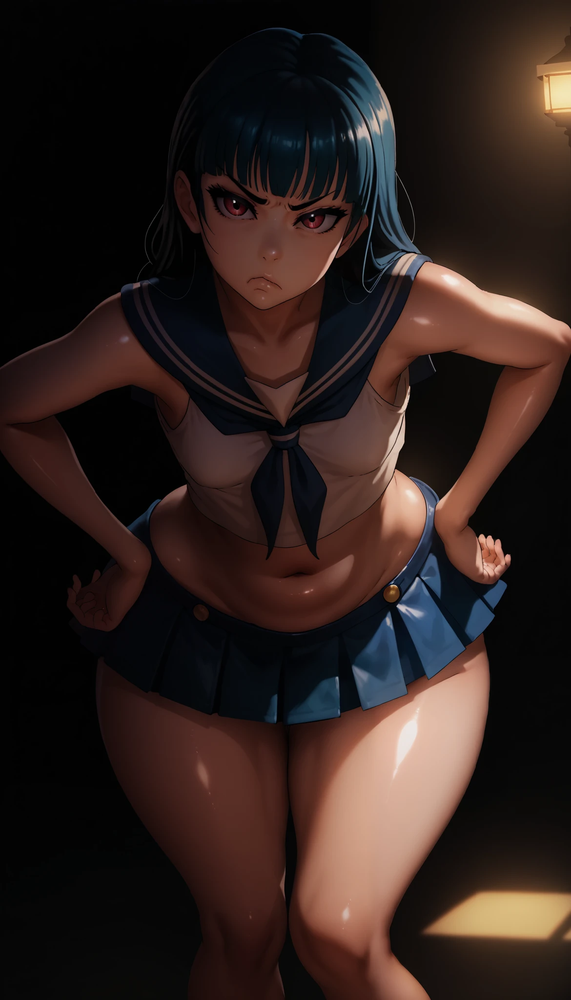 Yoshiko Tsushima , small breasts,mature woman,thick thighs ,wide hip,sailor top, micro skirt,shiny skin,looking at viewer,Grumpy, hands on hip, leaning forward,otaku room,crt tv lighting