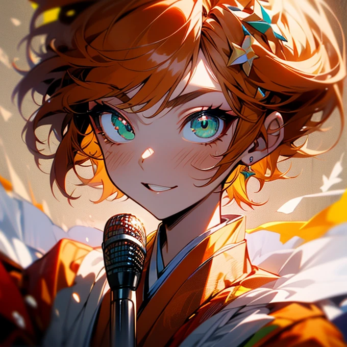 I have a microphone，The shape of the eyebrows is a round eyebrow，The boy from Marobi ， singing enthusiastically with a microphone， wearing kimono  costume ， wears a  costume from the Heian period based on orange and green，Strong Boy ，Boy with white arms ， cheeky expression ， cute，Fair skin， rosy cheeks ，Soft Cheeks， glossy lips ，Orange hair color， short hair ， green eyes， big eyes，Slanted Eyes， singing enthusiastically with a microphone， moving，Shiny Hair， Smooth skin ， High Quality ， One Boy ， short