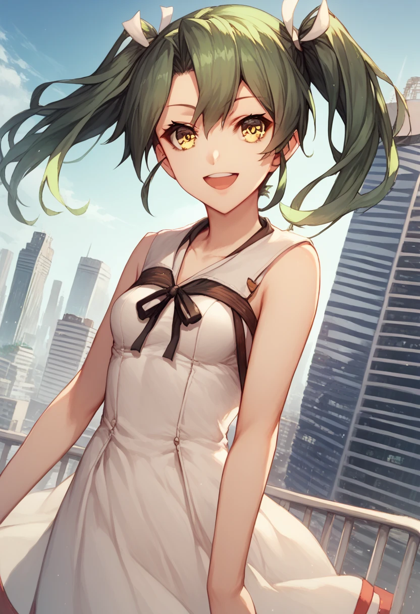 score_9, score_8_up, score_7_up, source_anime,, 1girl,solo, zuikaku (kancolle), dress, ribbon, green hair, yellow eyes, twintails ,open mouth, small breasts, smile,outdoors, cityscape, smile, looking at viewer, cowboy shot, dutch angle