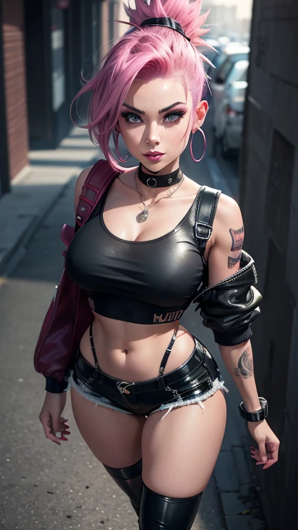 The character costume is KPOP, Hallyu, K-pop anime art style, Hallyu frontline style, Hallyu art style, kpop style, official artwork, Chibi art, Pisif, Blackpink style, cute.     KPOP artwork in various poses, The popularity of Pisif art station, lingerie, 16 year old chibi, No watermark, Extra close-fitting mini skirt, open jacket, extra short clear top Strapless, cleavage, style clothing cyberpunk, smallest short short, wide angle, short top, very short, 