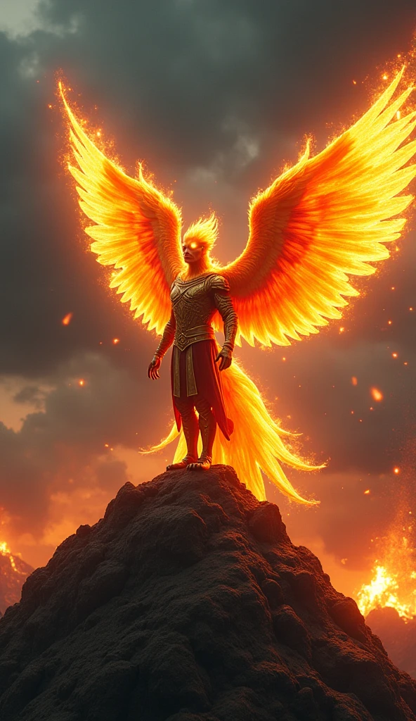 (best quality,4k,8k,highres,masterpiece:1.2),ultra-detailed,(realistic,photorealistic,photo-realistic:1.37),man with phoenix wings on his back,fire surrounding his fist,feathers,captivating expression,flaming wings spread wide,Fiery light,cinematic mood,dramatic angle,heroic stance,mythical creature,sculptural details,radiating power,celestial aura,vibrant color palette,scorching flames,epic fantasy,mythological hero,heroic mythology,combustible energy,luminous heat,dynamic movement,high-contrast lighting,archetypal figure,detailed feather texture,mythical symbolism,fiery trails,embodying strength and grace,vividly glowing embers,powerful presence,extraordinary supernatural ability,astral fire,enduring power and rebirth,fiery spirit,awe-inspiring spectacle