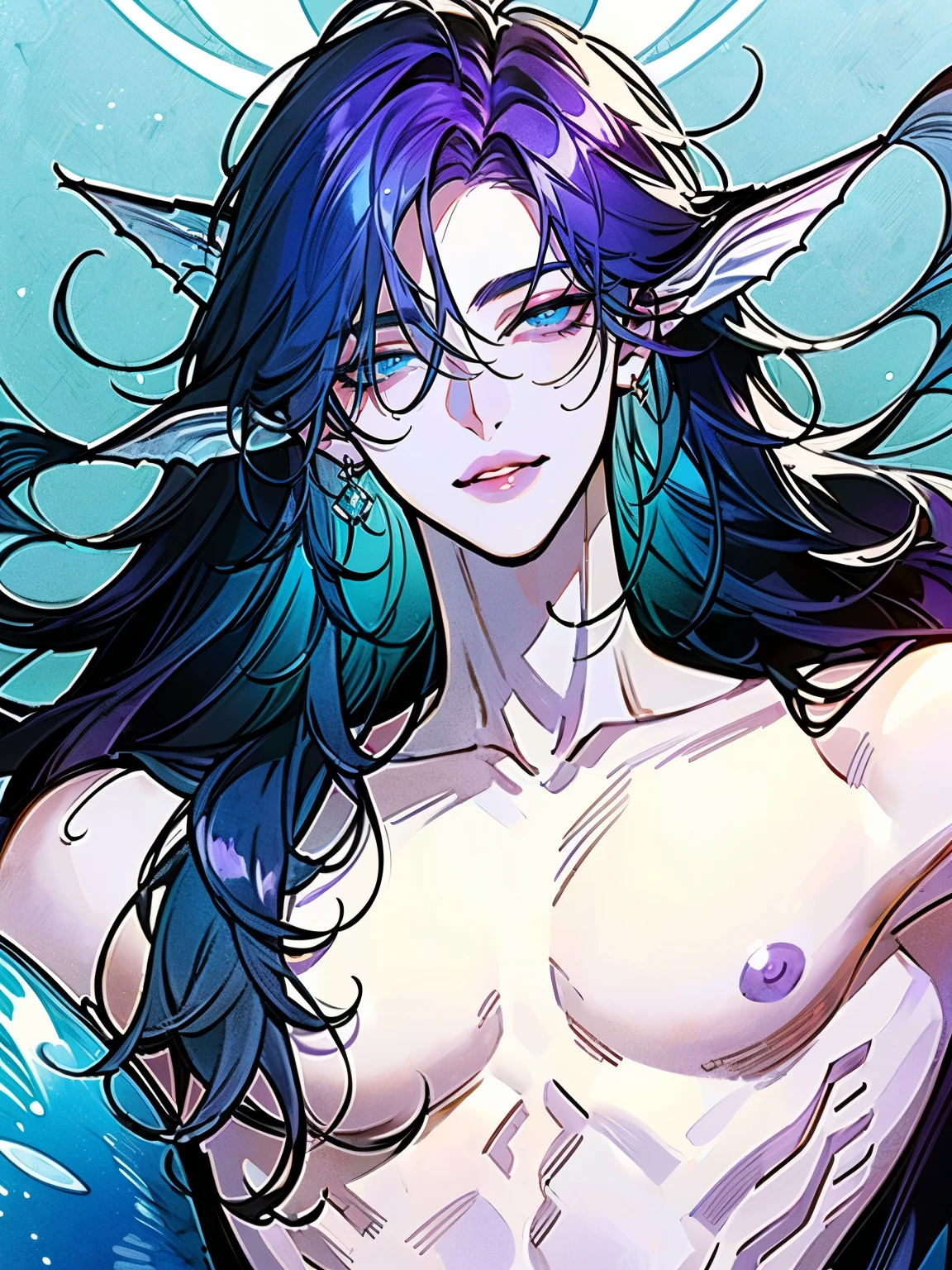 (ethereal merman with violet hair and oceanic elegance:1.4) (mermaid ears:1.3), (warm smile), (thin lips:1.5), (portrait:1.3), Designed by NTY, (Best quality, 4K, 8K, high resolution, masterpiece:1.2), A captivating male merman radiating enigmatic allure Striking, deep blue eyes that shimmer like tranquil seas, (detailed blue eyes, ultra-quality eyes:1.3) Long flowing violet hair with a silky, lustrous texture, (purple long hair:1.4), cascading like ocean waves and evoking a sense of mystery and enchantment, NSFW, monochrome blue background