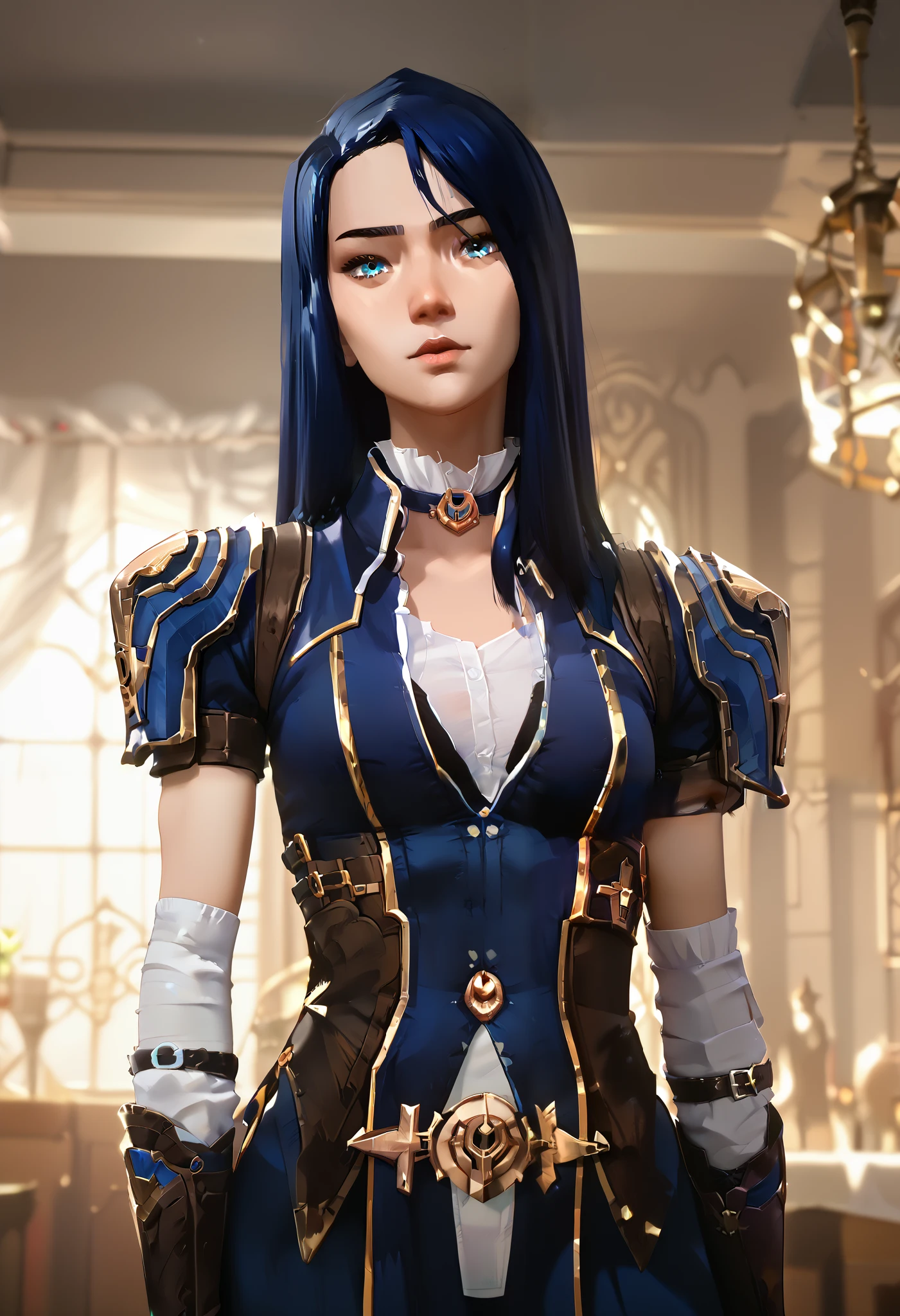 1girl, caitlyn, solo, dark blue hair, blue eyes, small breasts, slim figure, enforcer outfit, shoulder pads, brown armguards, brown fingerless gloves, bright colors, looking at viewer, facing the camera, indoors, masterpiece, best quality, good quality, newest, ultra quality, high detailed