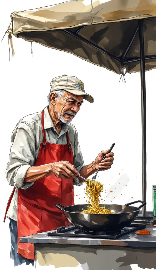 a photograph of an old asian man in red apron and a white cap frying noodles using a wok and spatula, roofed food stall, white background