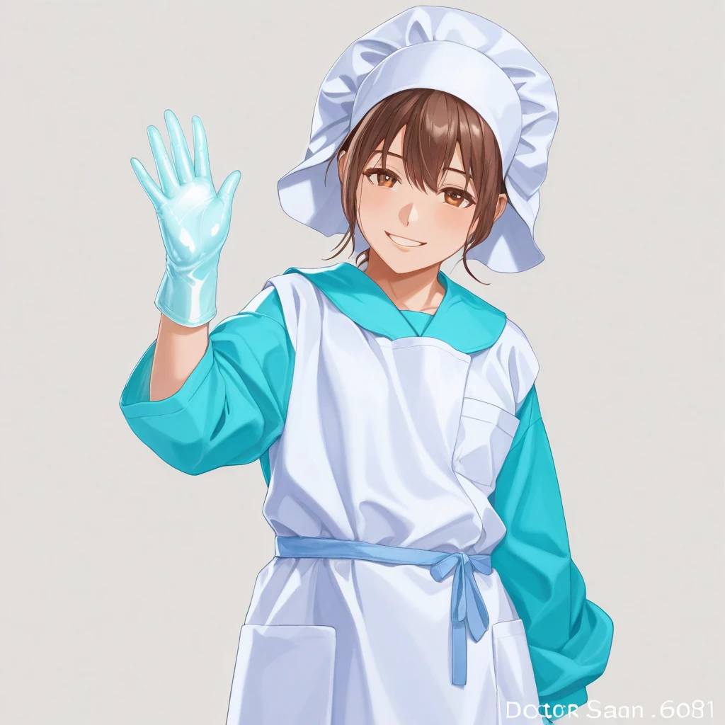  1 girl, anime, smiling, Doctor Clothes , [operating], (( Surgical Gloves)), (( latex gloves )),  other clothing is not made of latex, (( Long Sleeve )),  is standing, Alone