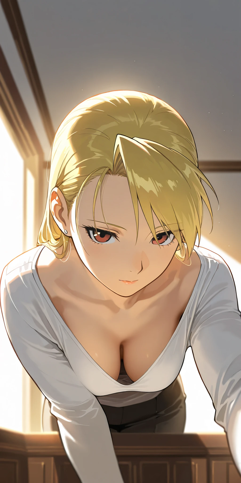 1girl, annie leonhart, (black hair:1.3), hair between eyes, short hair, sideburns, gray eyes, lips, cleavage, big breasts, close up, solo, lips, masterpiece, best quality,