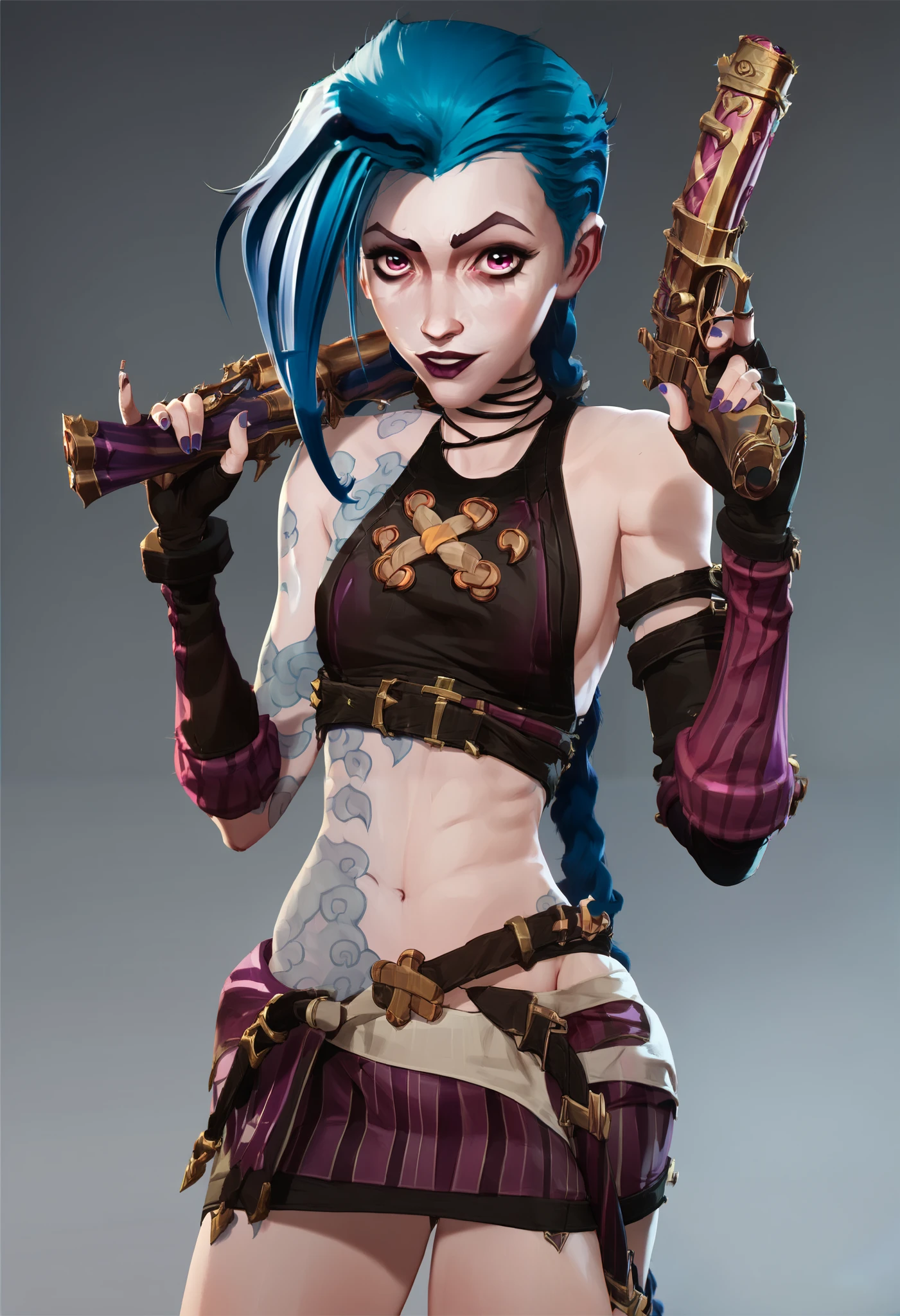 jinx (league of legends), solo female, pink eyes, blue hair, bangs, long hair, braid, tattoo, small breasts,  , ,  looking at viewer, black tight skirt, christmas, cleavage, love face, , , ,  black tight zipper costume, Holding a gun in her hand, 