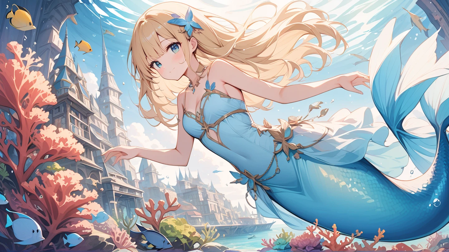 In the ocean during the day、A smiling mermaid happily swimming with a dolphin。A fantastic view unfolds、The light shines through the water, illuminating the surroundings beautifully.。The dolphins also play happily with the mermaids.、Colorful fishes fluttering around them。Water plants swaying gracefully、The scenery is as beautiful as a dream.、Captivating to the viewer。