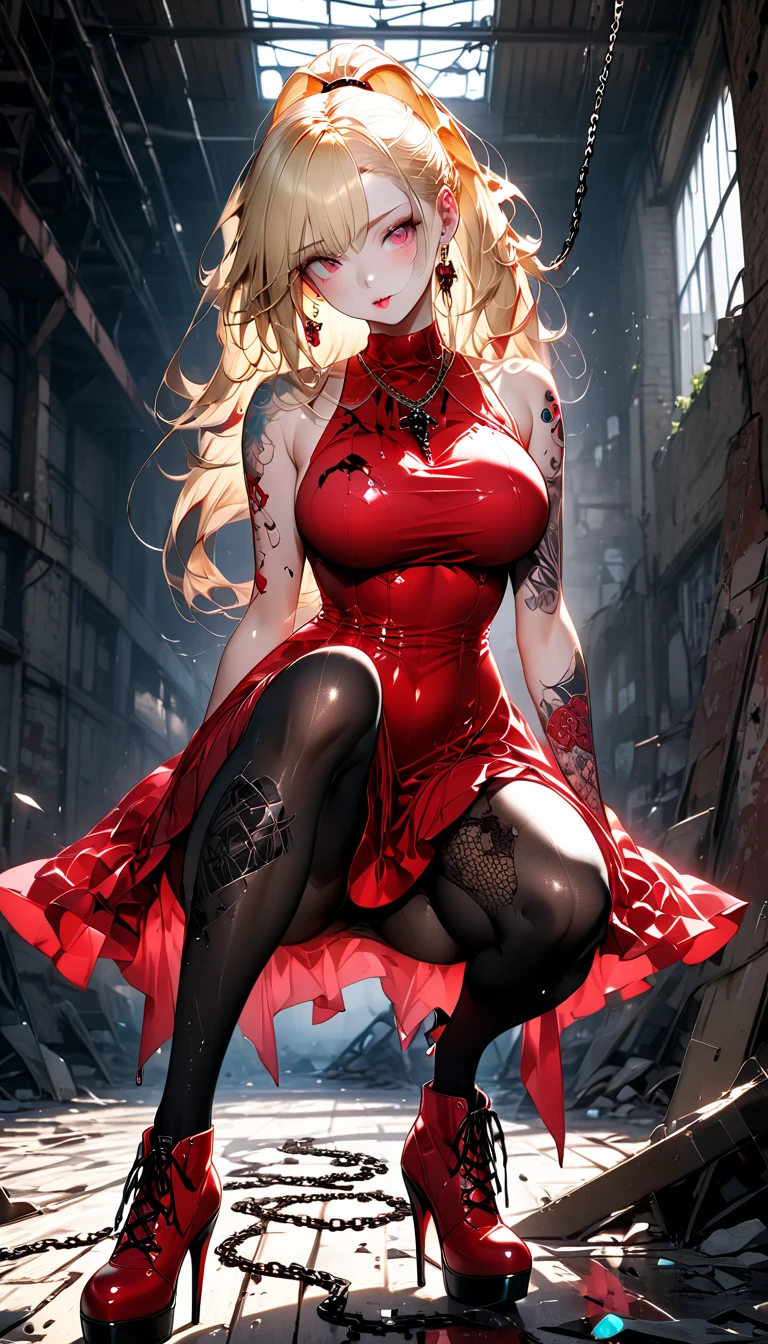 cute woman, blonde long thick eyelashes, iridescent blonde ponytail with bare forehead, sexy beauty expression, lewd great body proportion, wearing red tight fit gothic huge breasts dress, black pantyhose, red high heels, covered in tattoos, brandishing a dull shining chain, armpit, abandoned warehouse with high ceilings and broken glass on the bay, professional and perfect composition, extremely delicate depiction, extremely clear image, various effects, bold and dynamic, contrasts of light and shadow, 2.5D, artistic photography, hyper realistic, ultra detailed, absolutely resolution, masterpiece